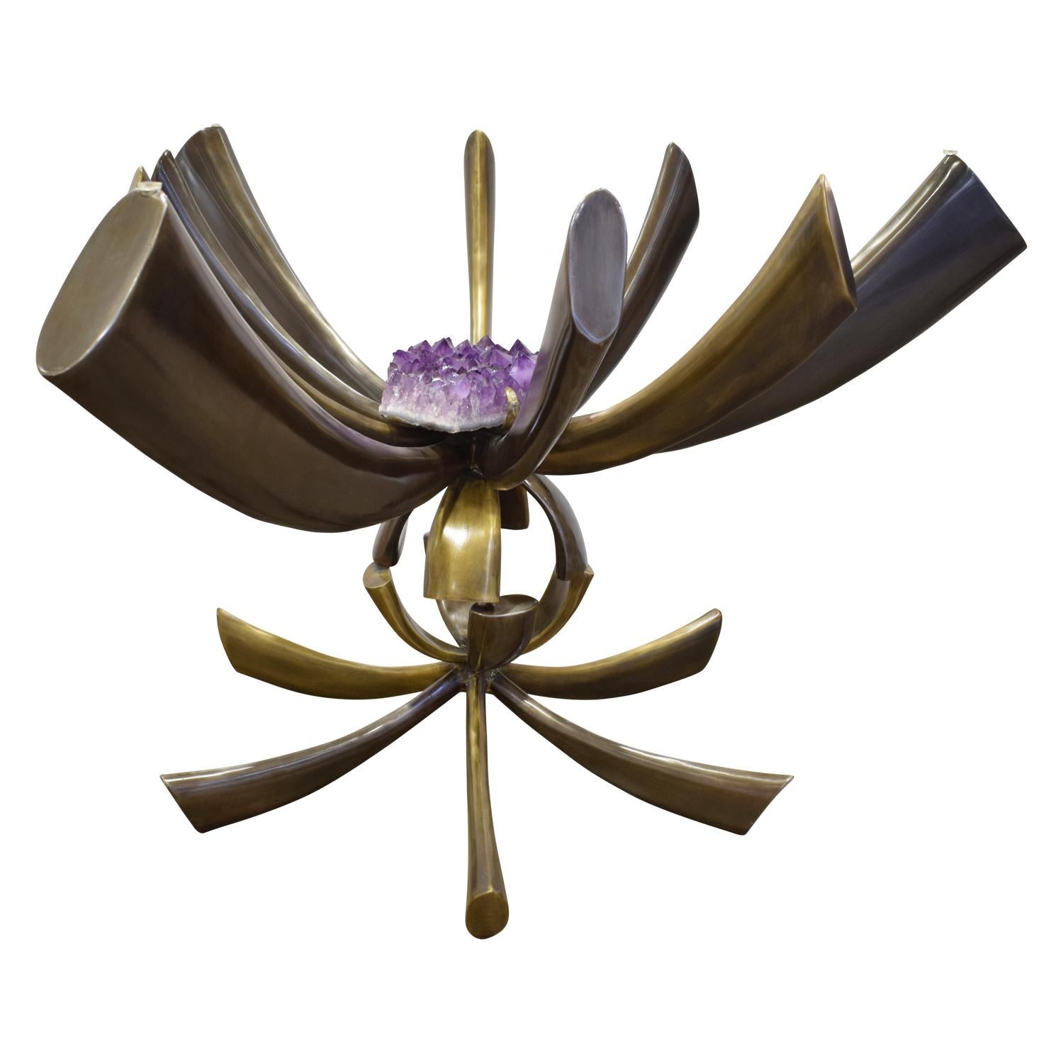 French Jacques Duval-Brasseur Rare Table in Bronze with Mounted Amethyst 1970s 'Signed'
