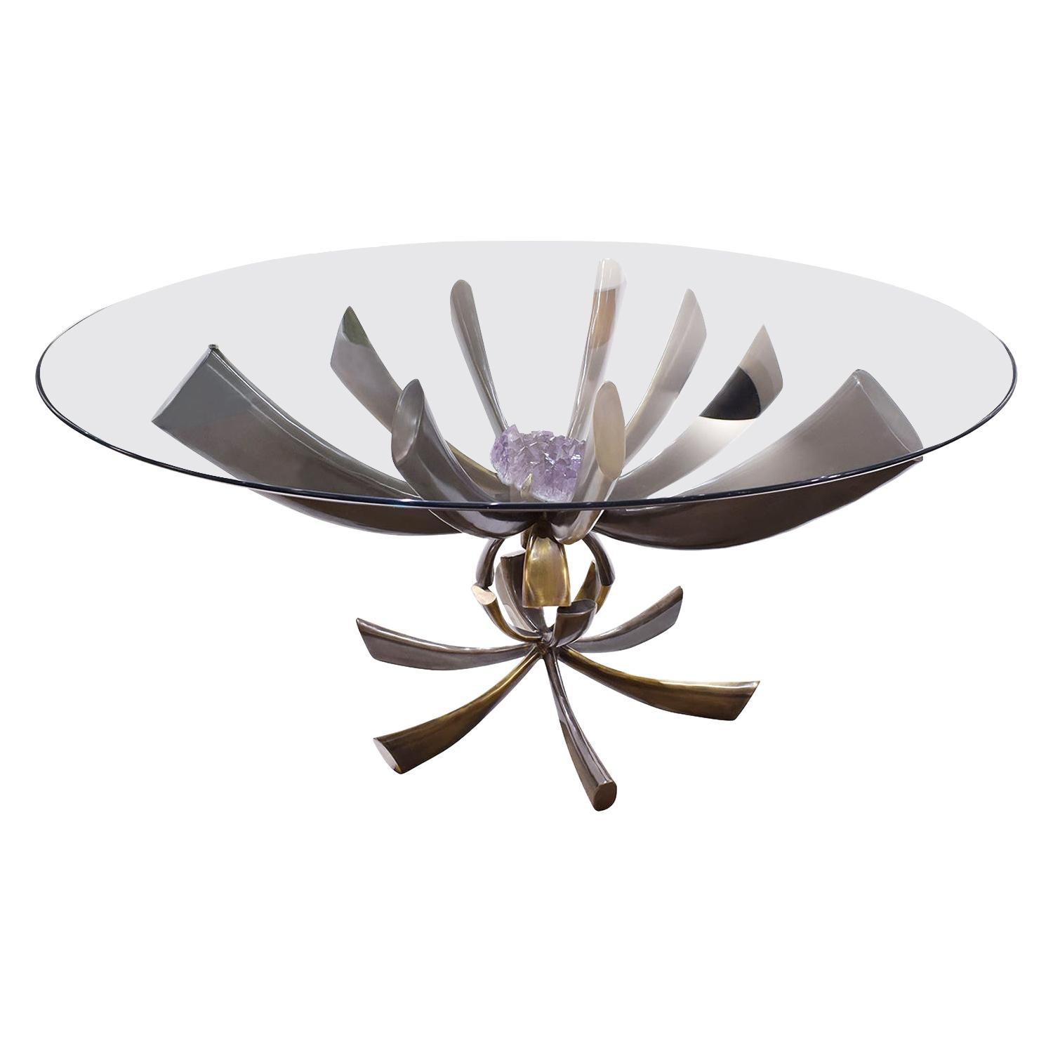 Jacques Duval-Brasseur Rare Table in Bronze with Mounted Amethyst 1970s 'Signed'