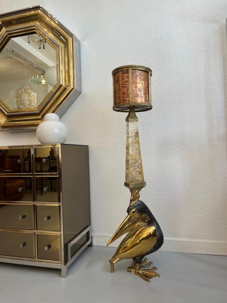 Unique brass, acrylic and copper planter or jardinière sculpture by Jacques Duval-Brasseur, France ca. 1970s
A brass pelican with an acrylic obelisk on his head and a copper cache pot planter on top of all.
The acrylic obelisk has been glued in two