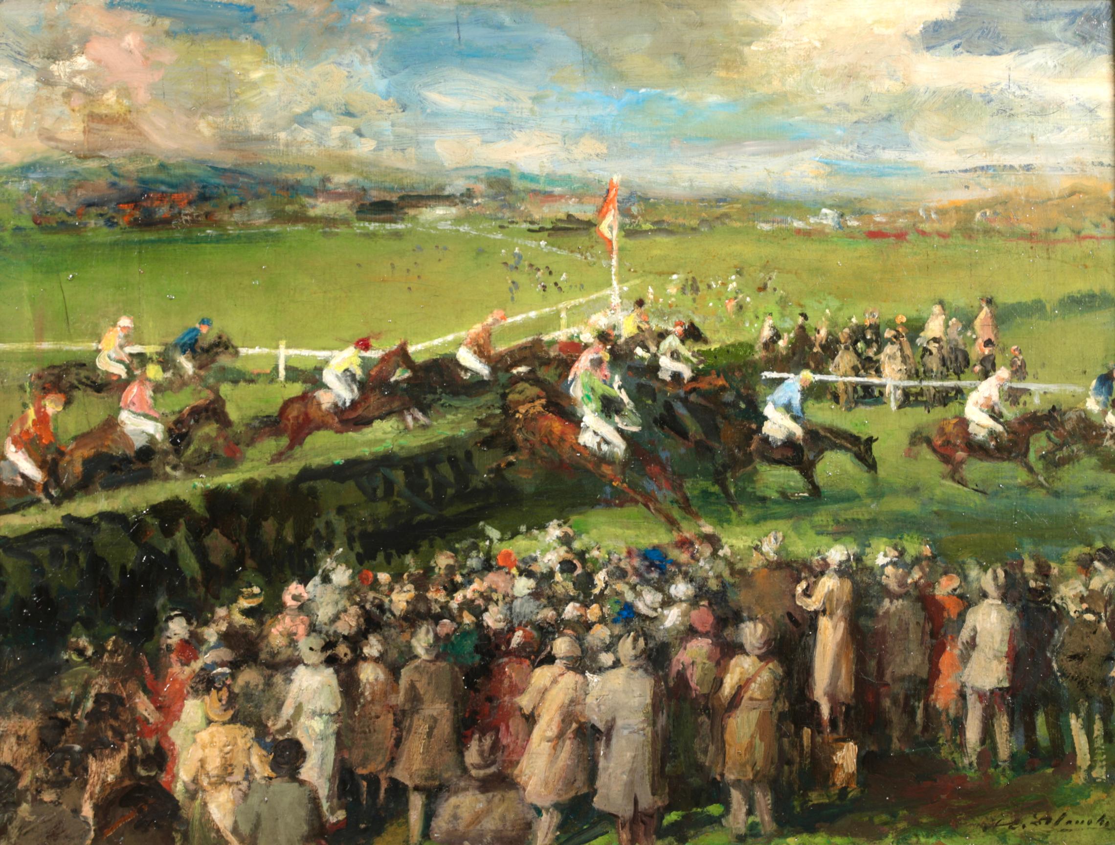 Bei den Rennen – Postimpressionistische Pferde und Figuren, Öl von Jacques-Emile Blanche – Painting von Jacques Emile Blanche