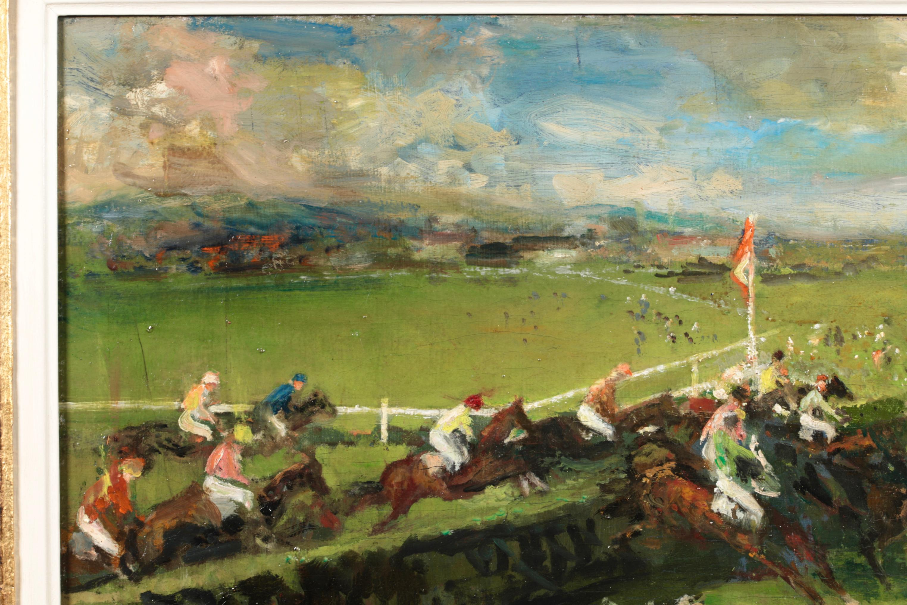 Huile sur toile post impressionniste signée, chevaux et personnages dans un paysage, du peintre français Jacques-Emile Blanche. L'œuvre représente une foule de personnes profitant d'une journée aux courses et regardant une course de steeple-chase