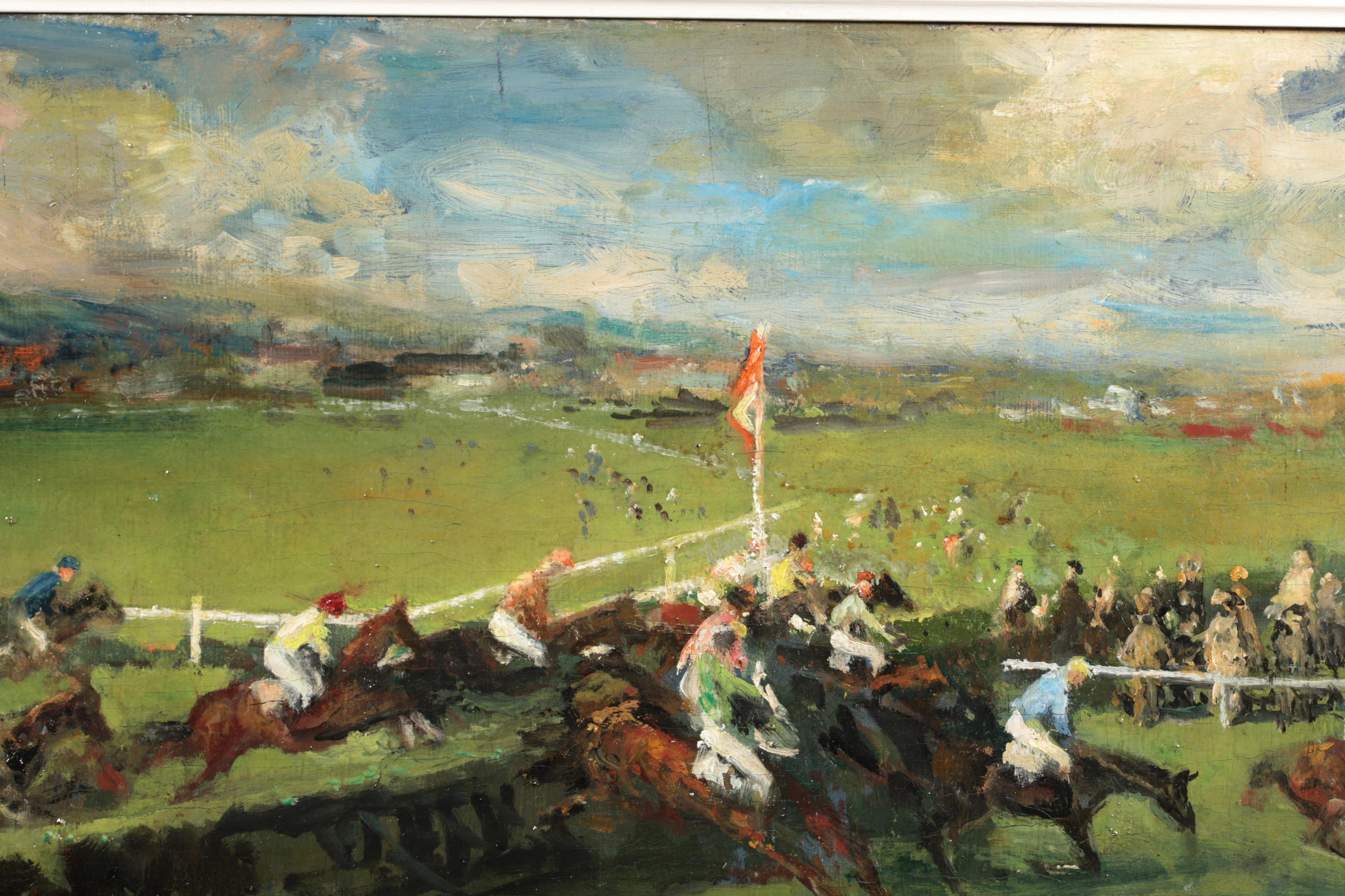 Signed post impressionist horses and figures in landscape oil on canvas by French painter Jacques-Emile Blanche. The work depicts crowds of people enjoying a day at the races and watching a steeplechase horse race as the horses and their jockey's