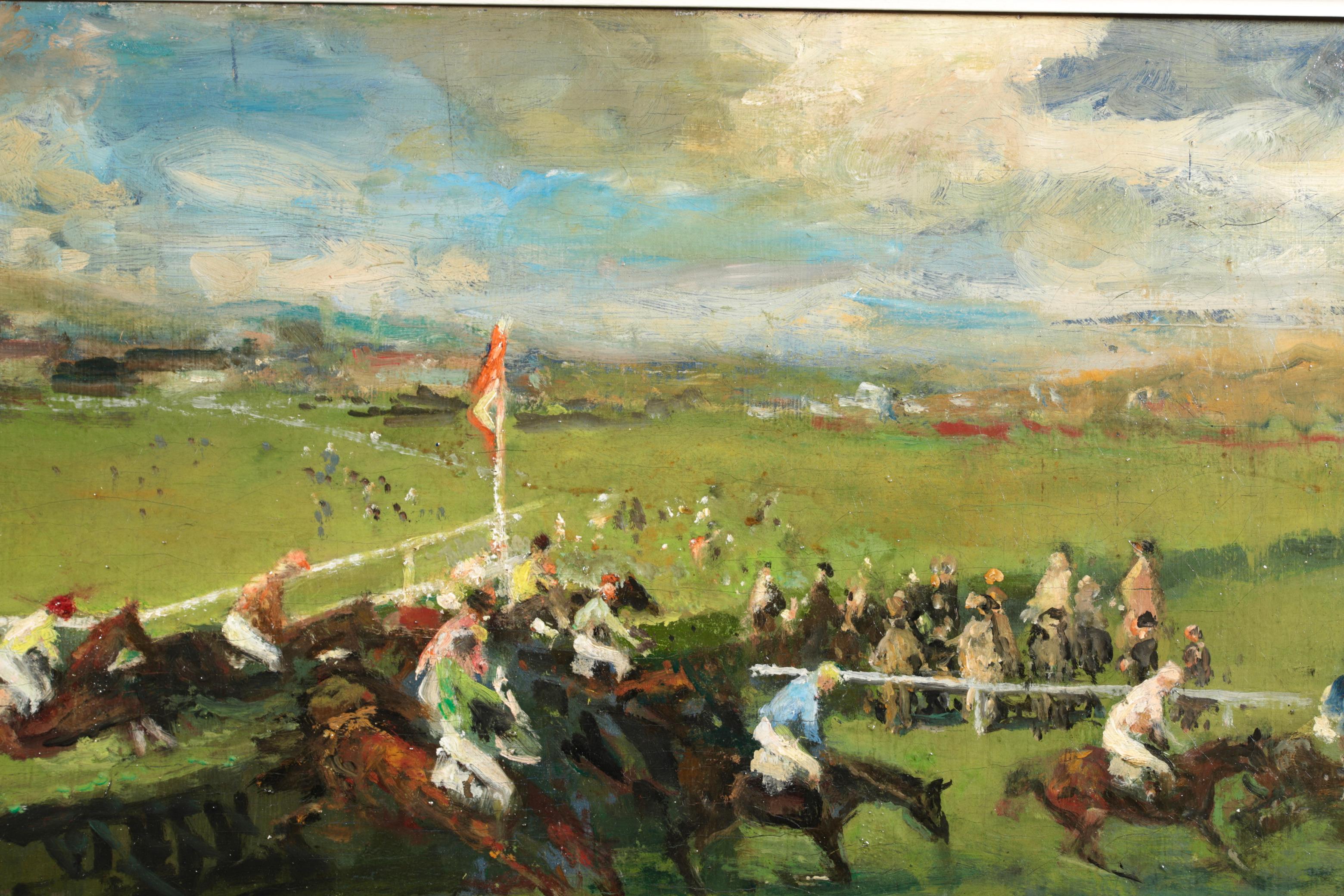 Signed post impressionist horses and figures in landscape oil on canvas by French painter Jacques-Emile Blanche. The work depicts crowds of people enjoying a day at the races and watching a steeplechase horse race as the horses and their jockey's