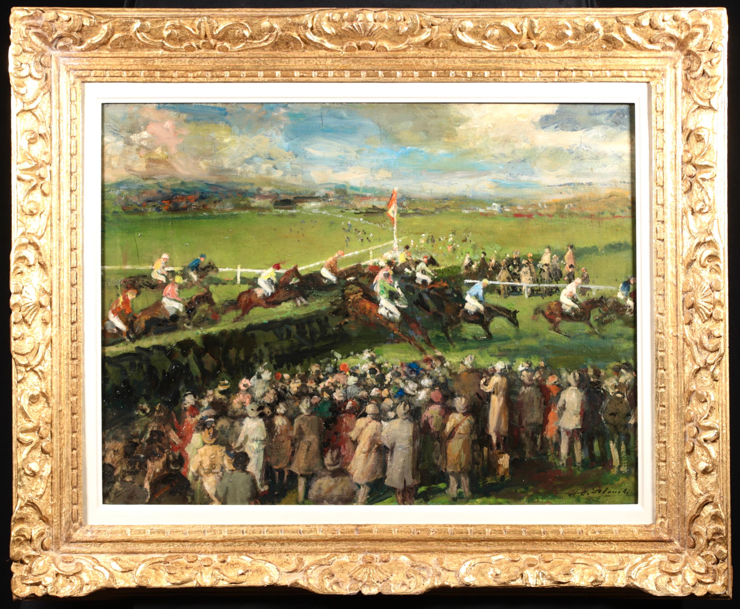 Animal Painting Jacques Emile Blanche - Peinture à l'huile « At the Races » (Les chevaux et les personnages post-impressionnistes) de Jacques-Emile Blanche