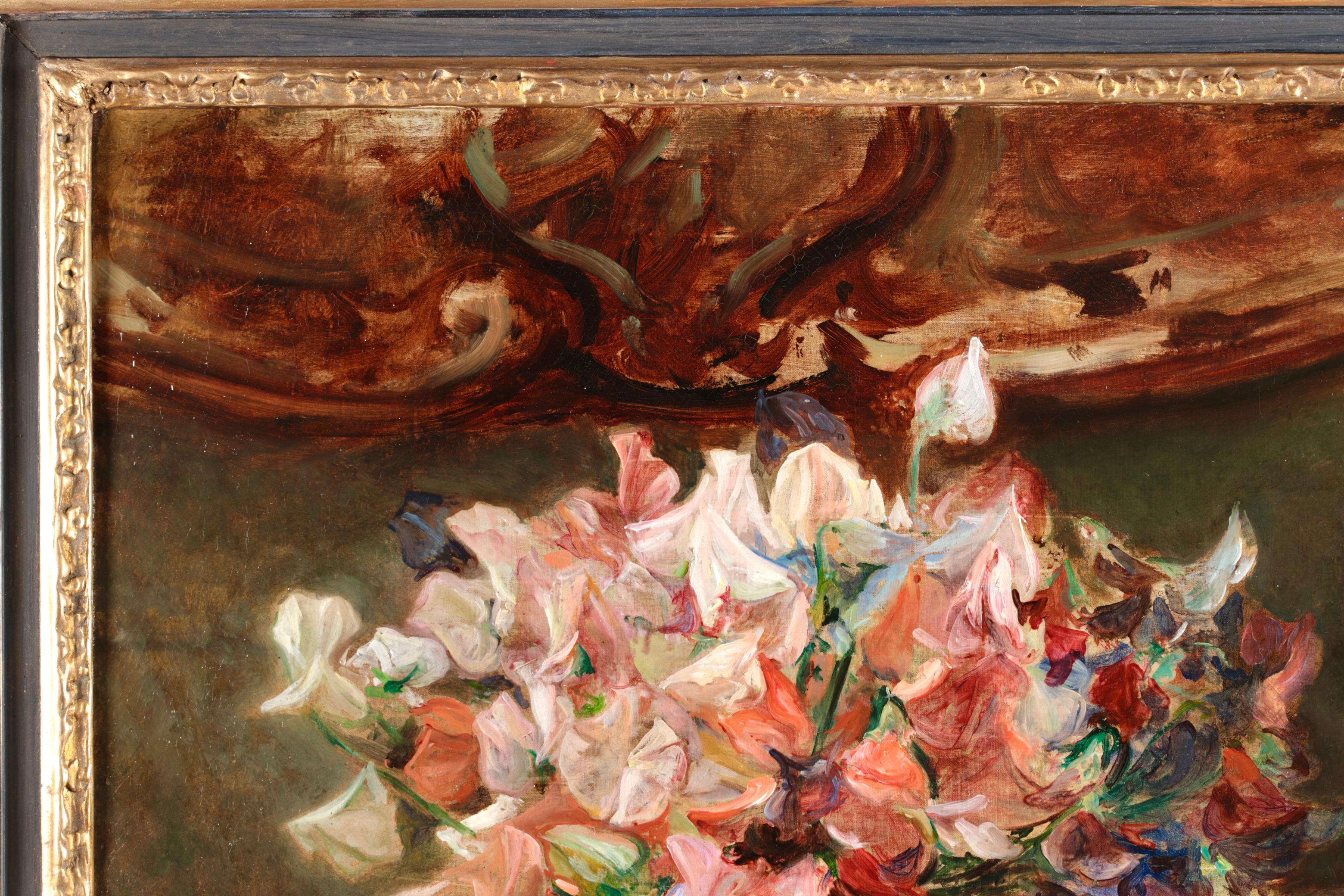 Signed post impressionist still life oil on canvas circa 1895 by French painter Jacques-Emile Blanche. The work depicts a ceramic vase filled with white and pink sweet pea flowers, placed below an ornate frame.

Signature:
Signed twice lower right