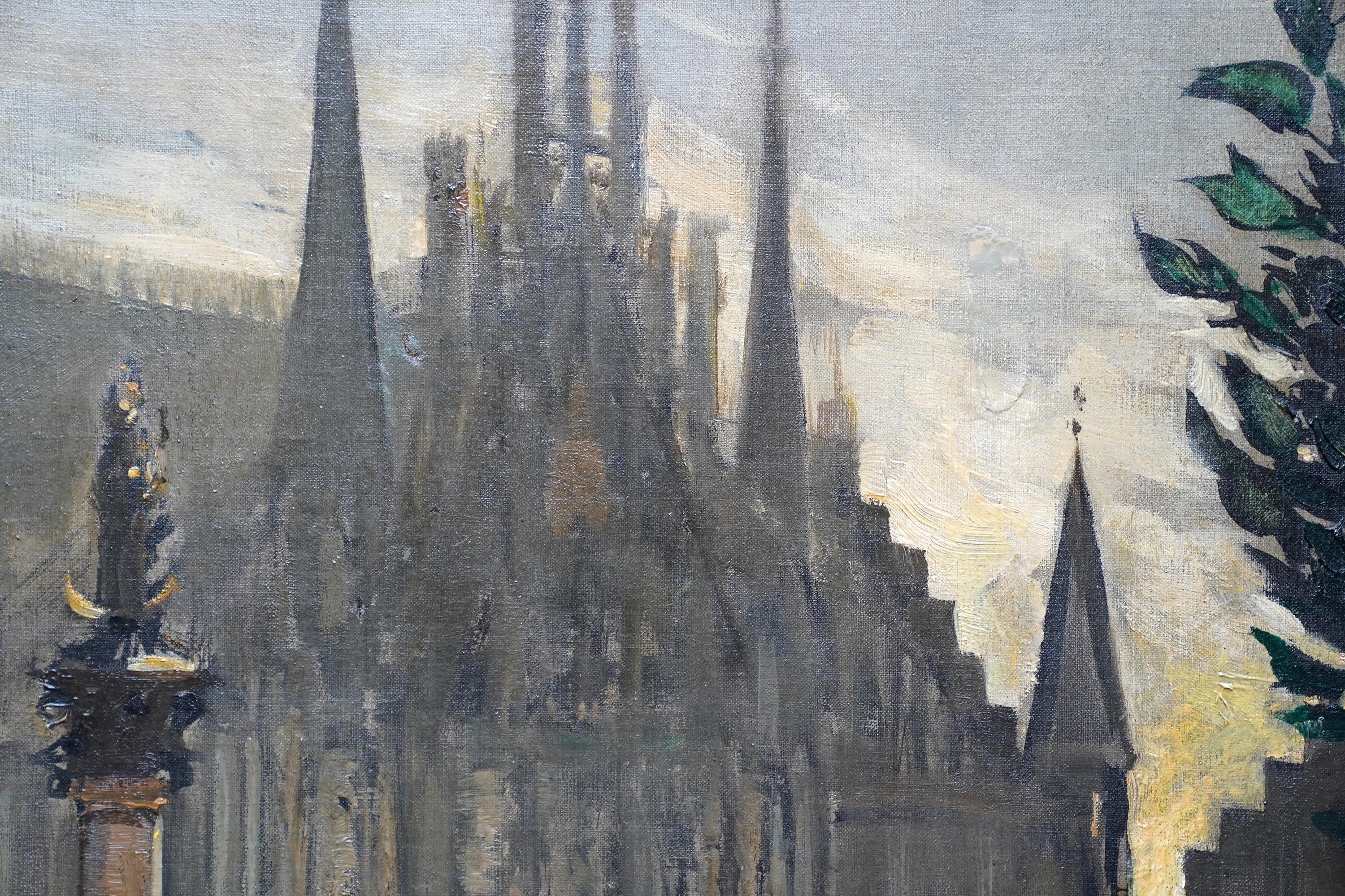 Festeggiamenti a Marienplatz, Monaco di Baviera, pittura ad olio francese del 1900, paesaggio cittadino in vendita 5