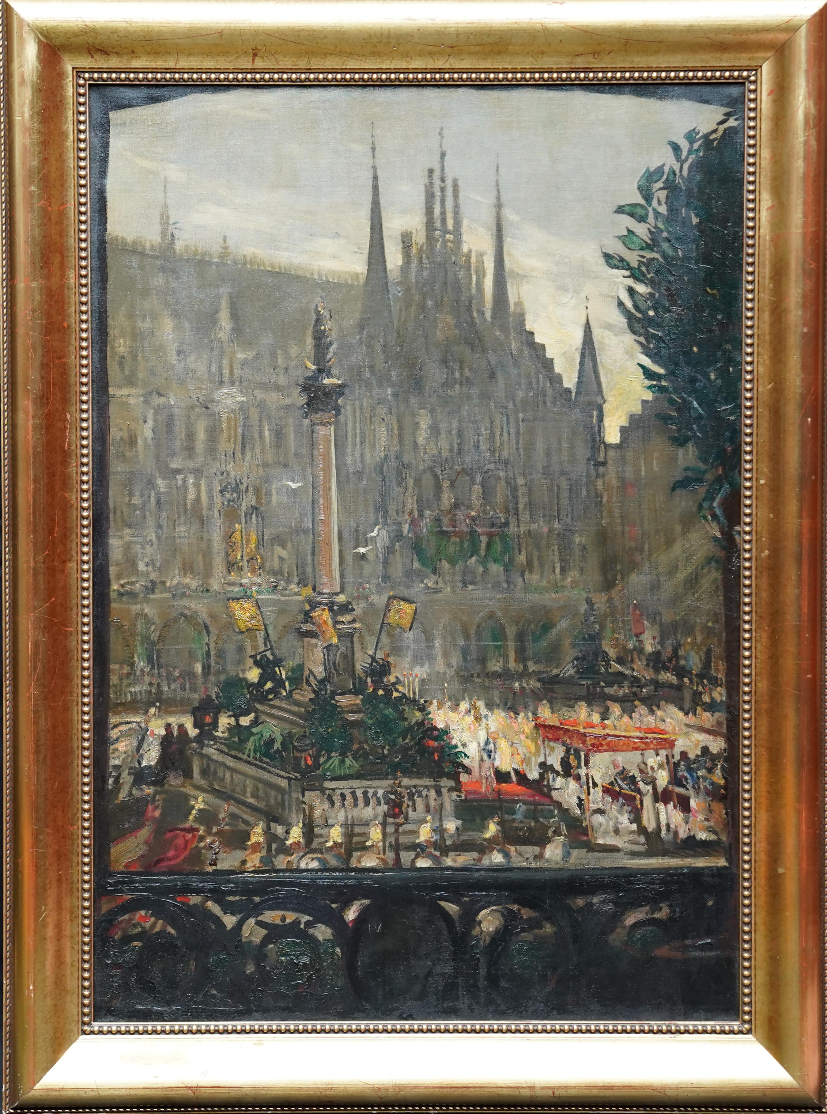 Festeggiamenti a Marienplatz, Monaco di Baviera, pittura ad olio francese del 1900, paesaggio cittadino in vendita 7