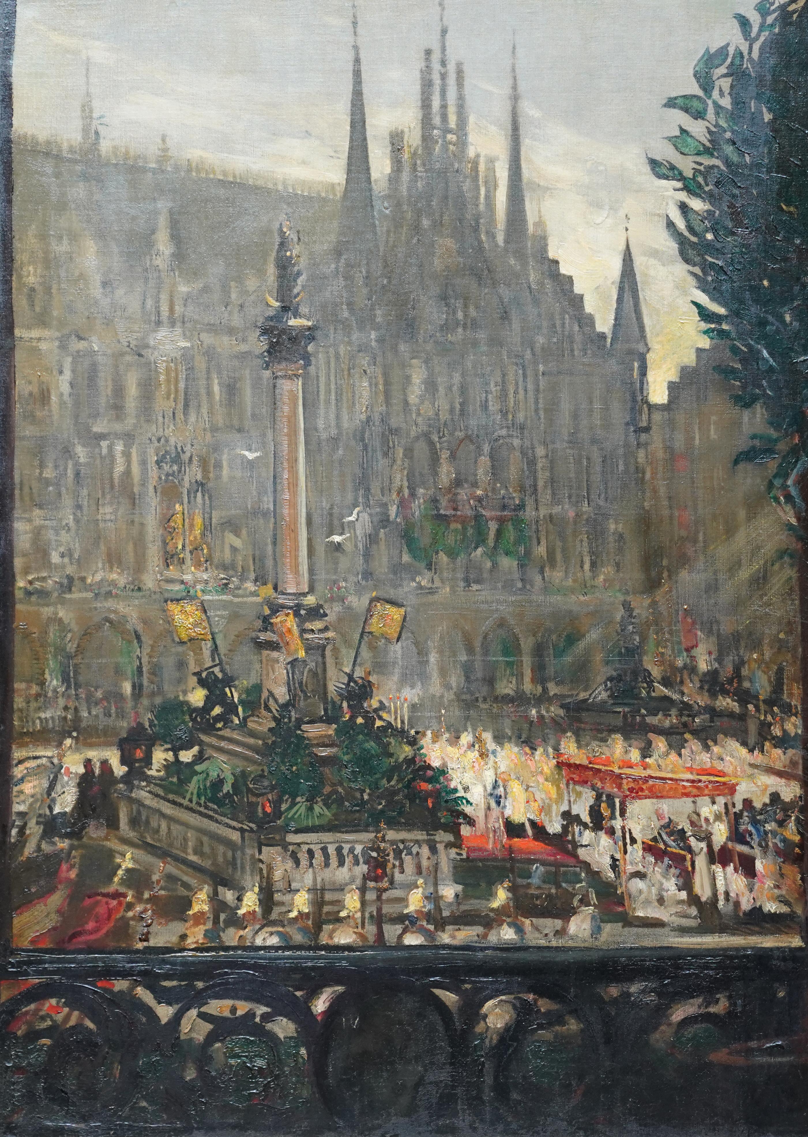 Festeggiamenti a Marienplatz, Monaco di Baviera, pittura ad olio francese del 1900, paesaggio cittadino - Painting di Jacques Emile Blanche