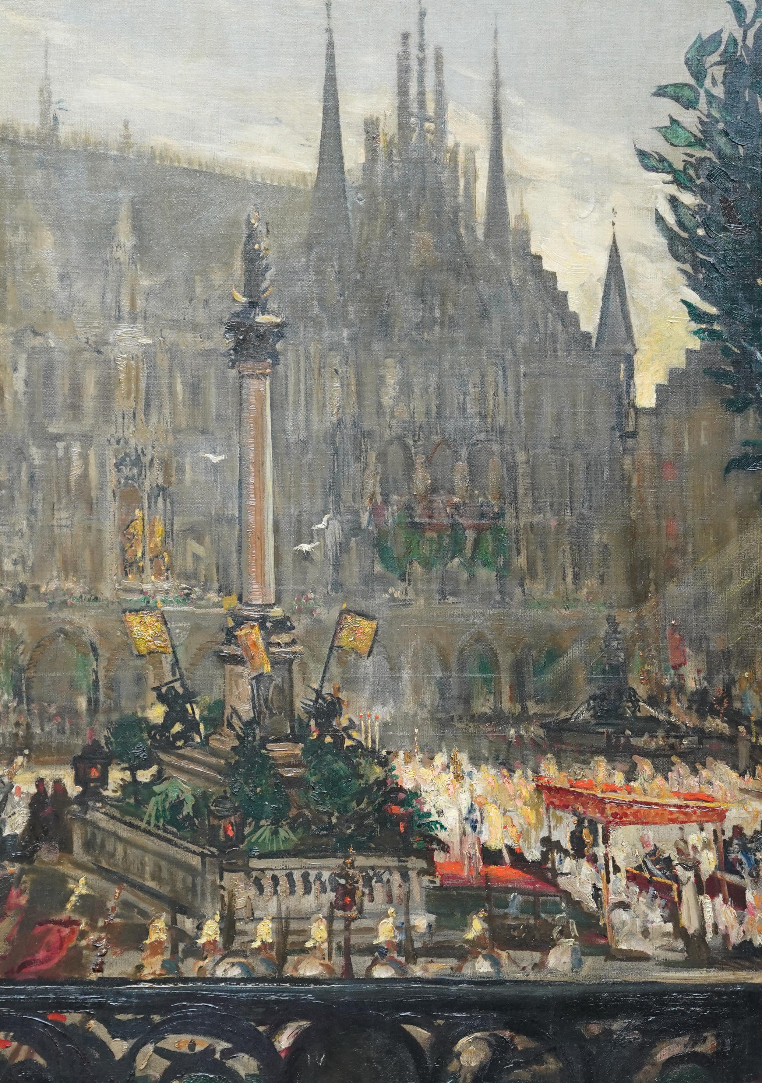 Festeggiamenti a Marienplatz, Monaco di Baviera, pittura ad olio francese del 1900, paesaggio cittadino - Painting Impressionismo di Jacques Emile Blanche