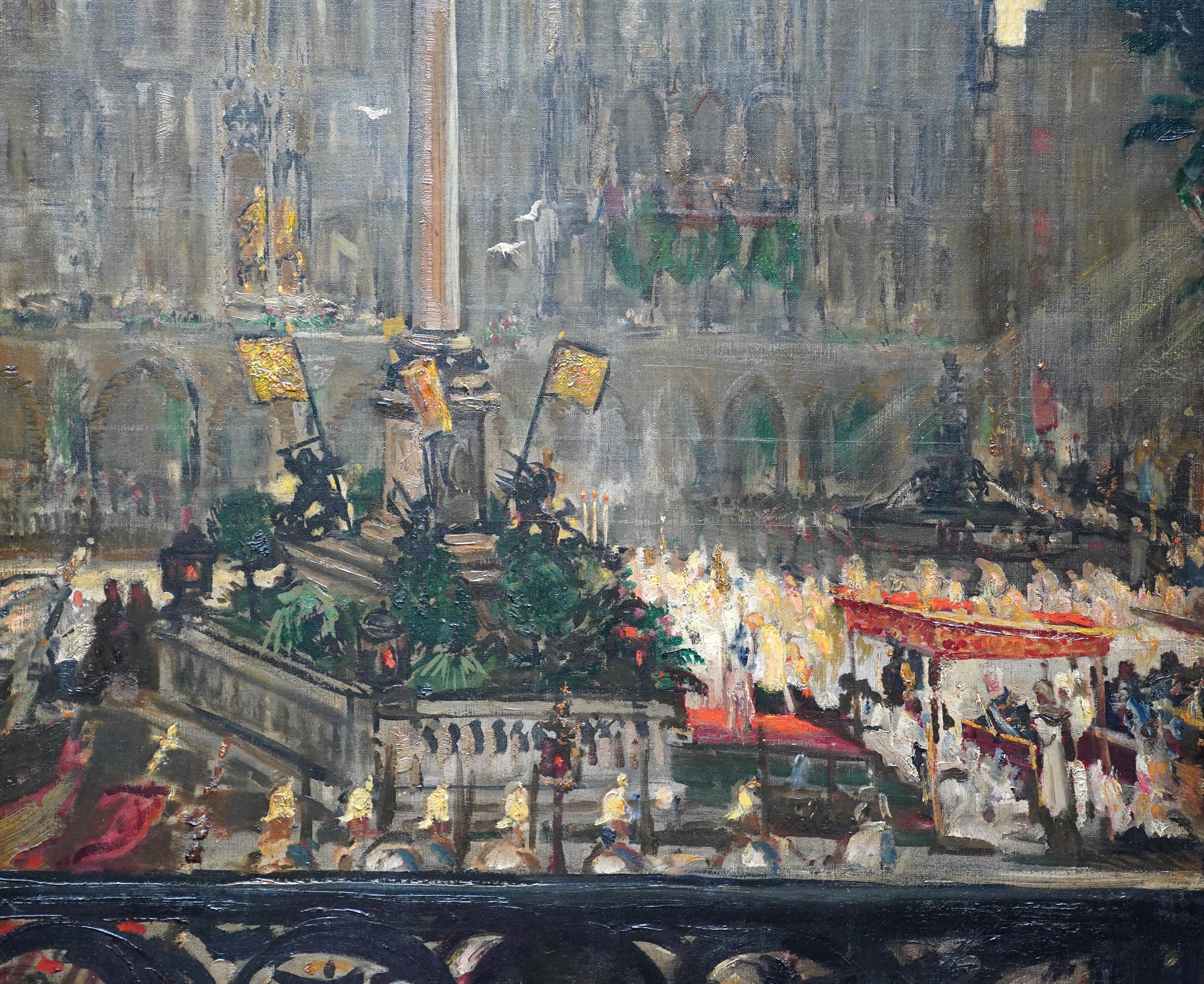 Festeggiamenti a Marienplatz, Monaco di Baviera, pittura ad olio francese del 1900, paesaggio cittadino - Landscape Painting Marrone di Jacques Emile Blanche