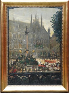 Antique Celebrations at Marienplatz, Munich French 1900 art city landscape oil painting