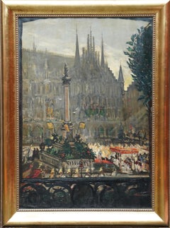 Celebrations at Marienplatz, Munich French 1900 art city landscape oil painting