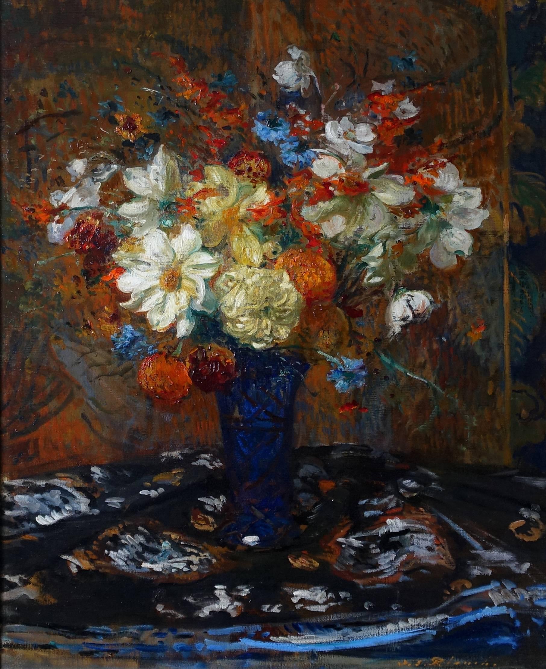 Floral Bouquet - French circa 1900 Impressionist art oil painting of flowers  - Painting by Jacques Emile Blanche