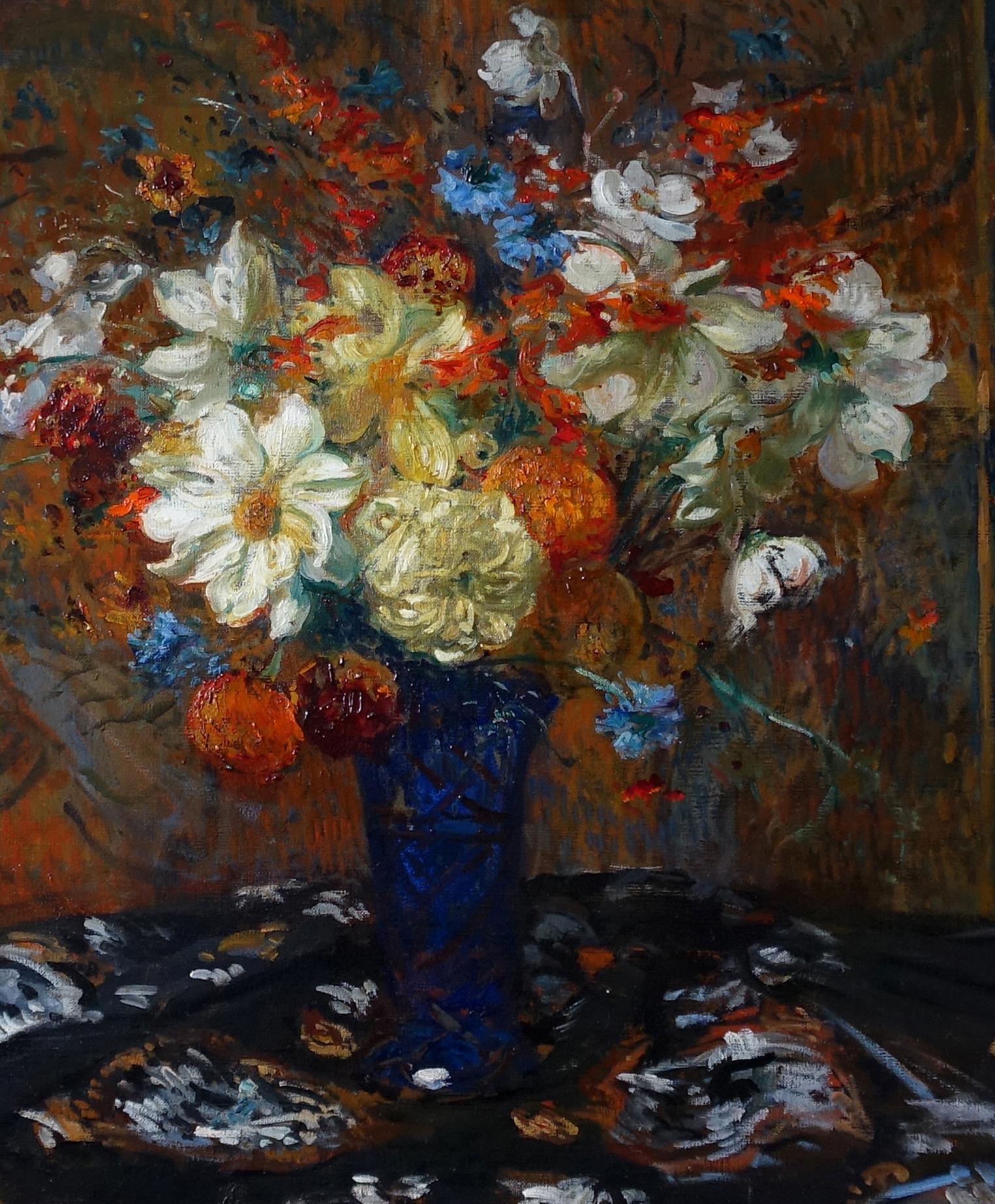 A beautiful floral oil painting by the French Impressionist artist Jacques-Emile Blanche. This stunning Impressionist painting, painted circa 1900 depicts a vast floral bouquet of white dahlias, blue cornflowers and orange crocosmia. The