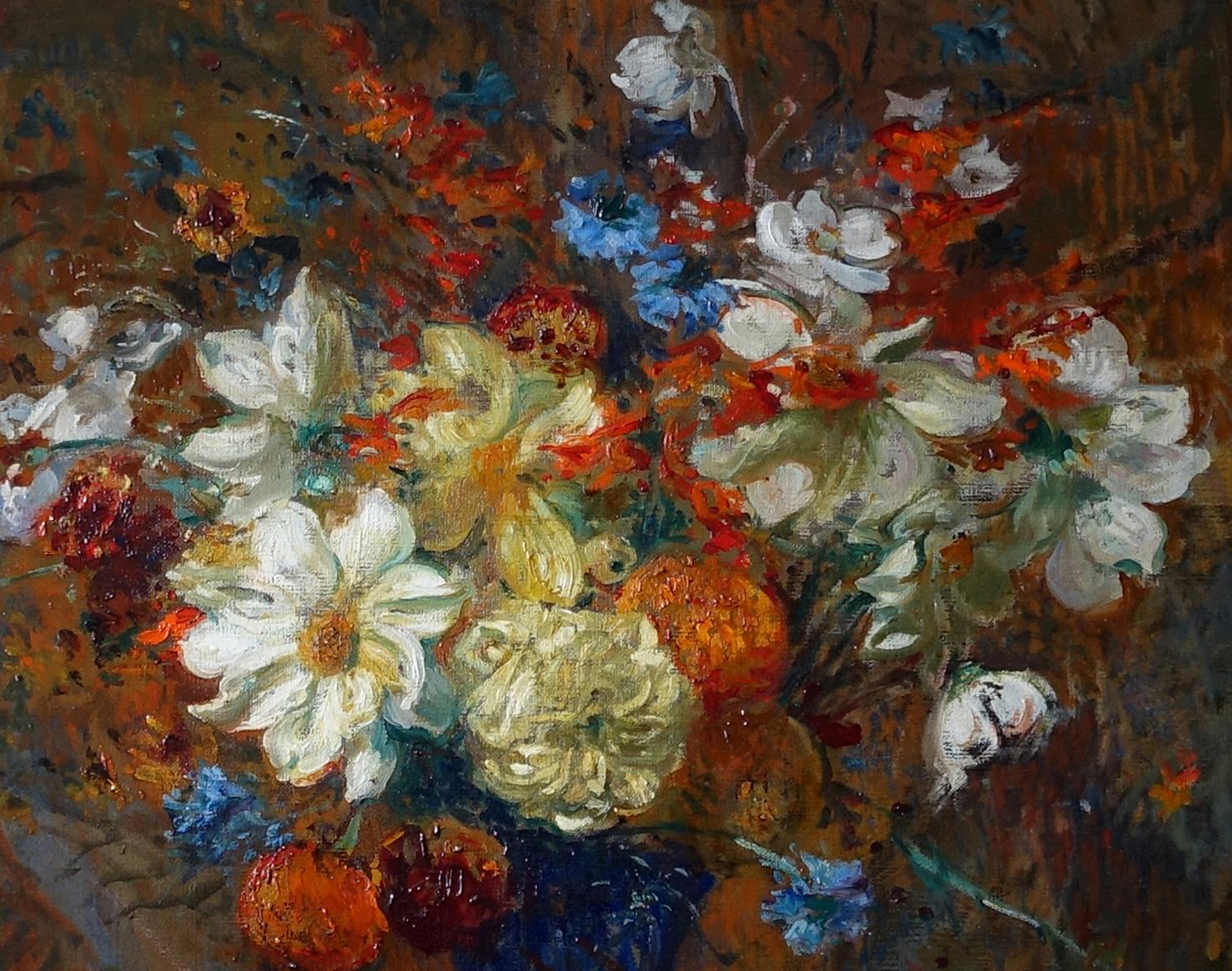 Floral Bouquet - French circa 1900 Impressionist art oil painting of flowers  For Sale 1