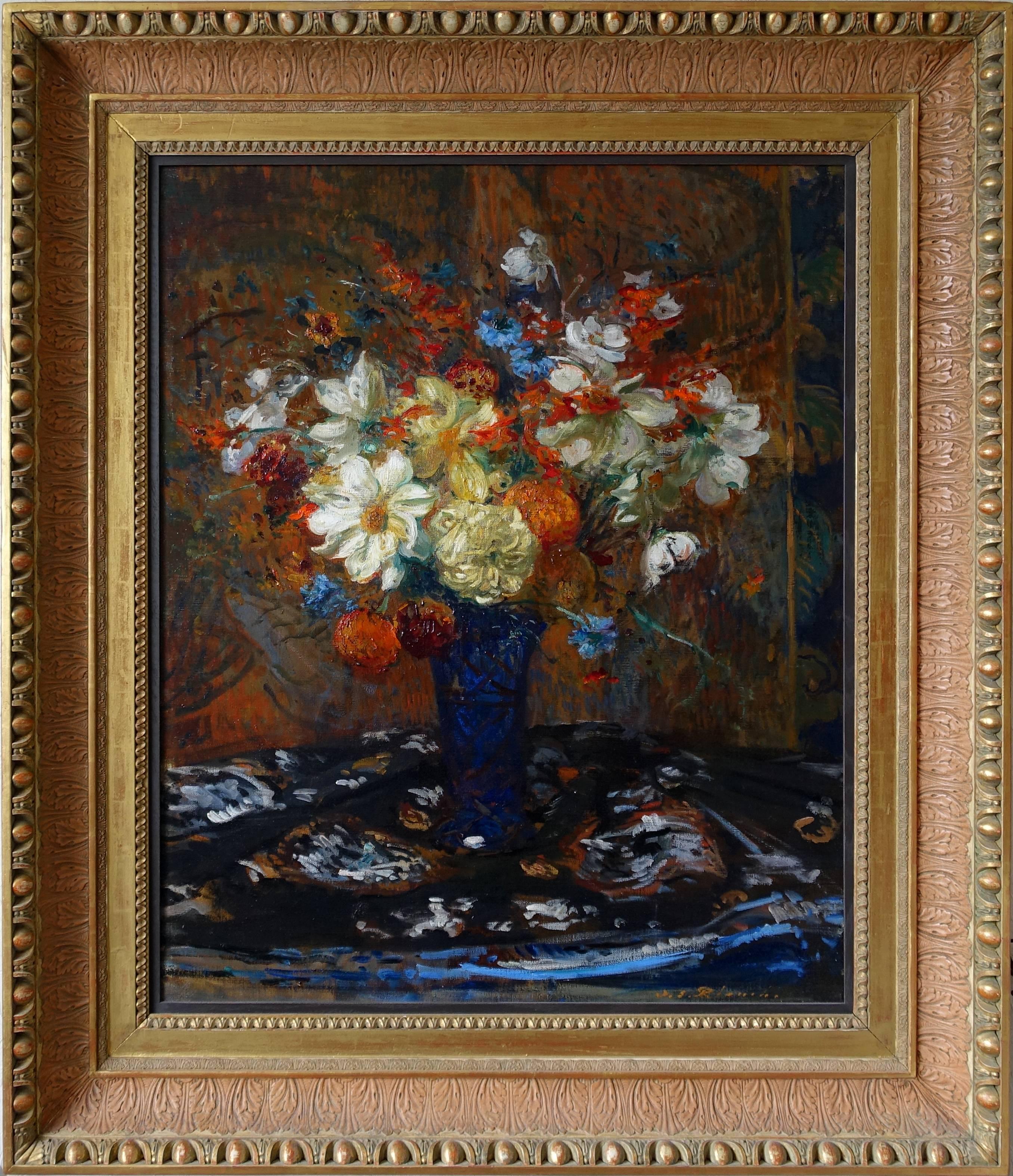 Bouquet de fleurs - Peinture à l'huile d'art impressionniste française d'environ 1900 représentant des fleurs 