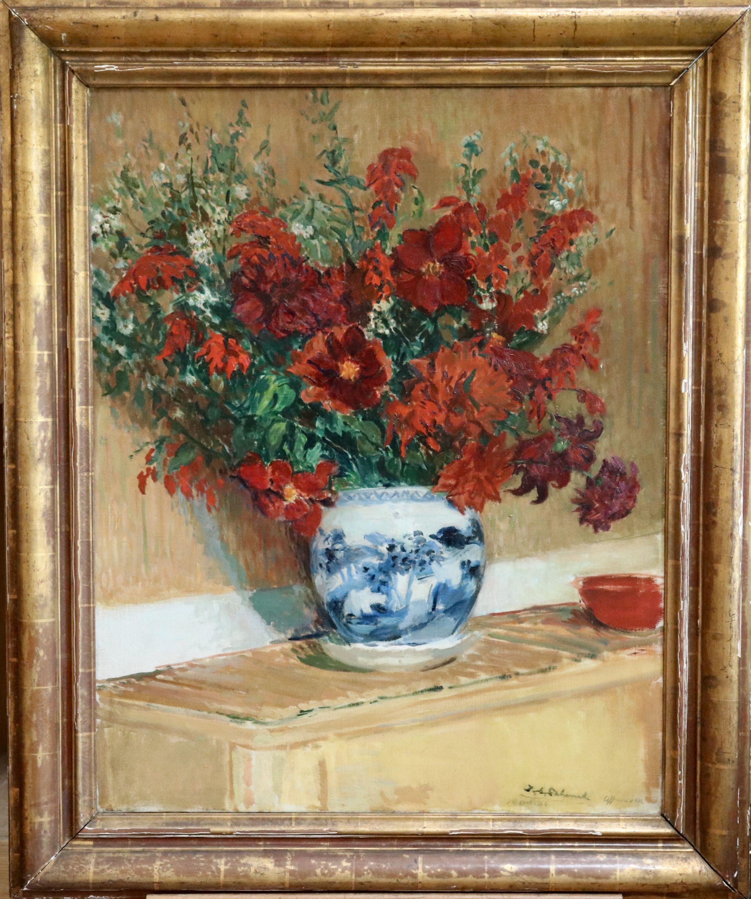 Flowers - 19th Century Oil, Still Life Vase Red Flowers by Jacques-Emile Blanche - Painting by Jacques Emile Blanche