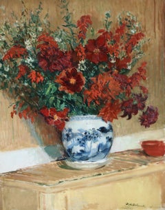 Antique Flowers - 19th Century Oil, Still Life Vase Red Flowers by Jacques-Emile Blanche