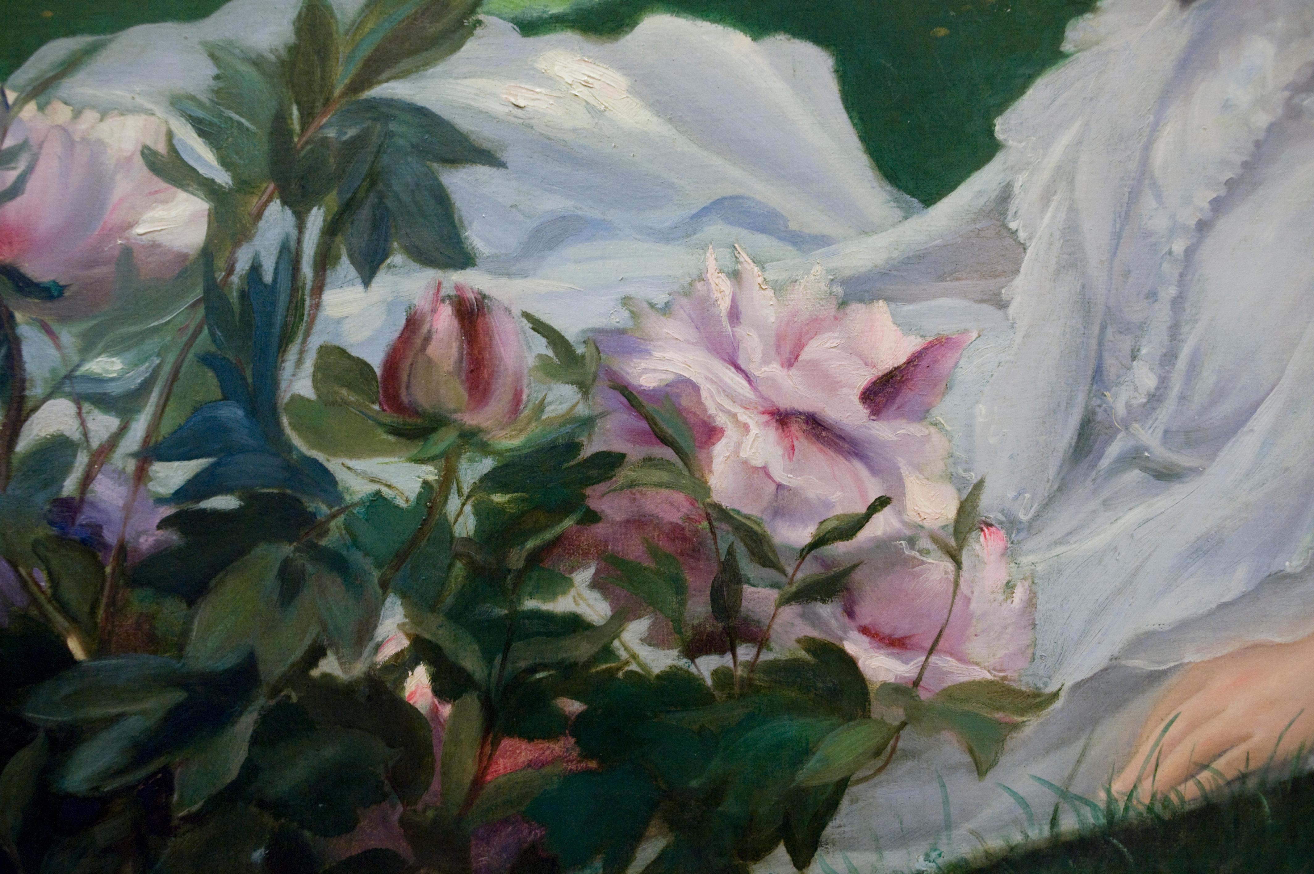 Henriette Chabot mit Pfingstrosen  – Painting von Jacques Emile Blanche