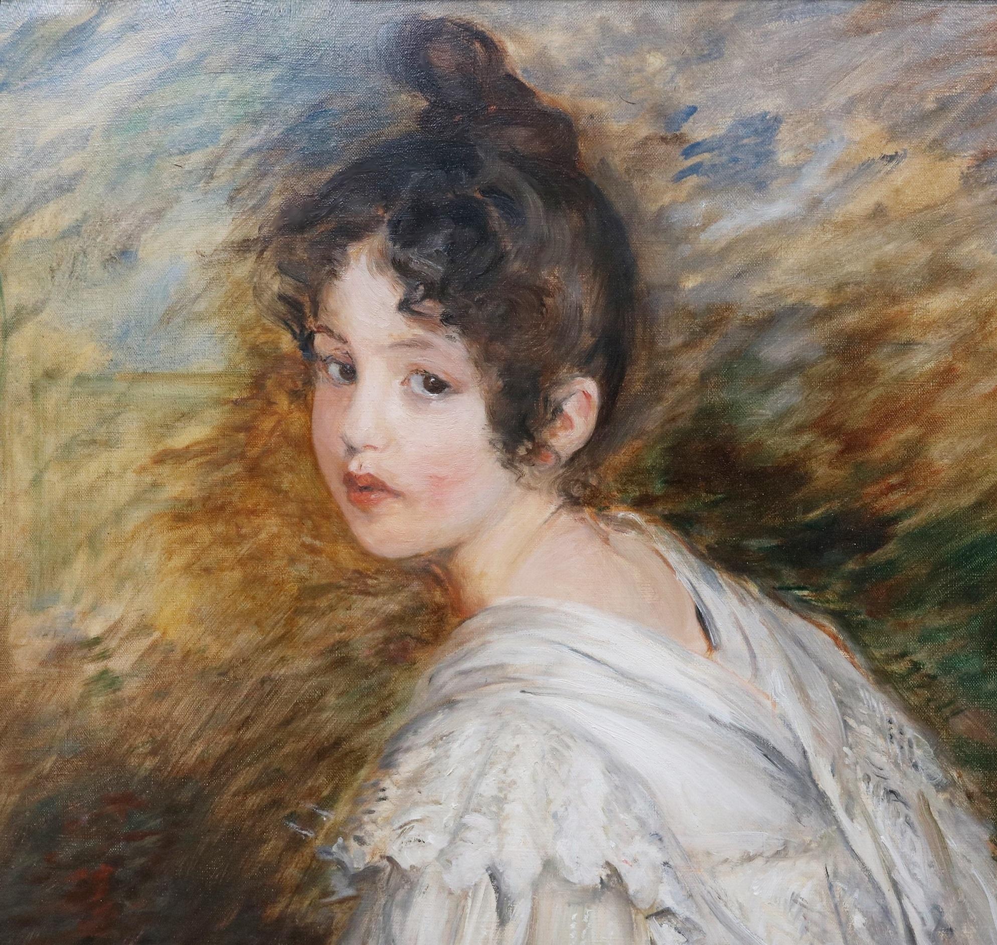 Jeune Fille en Blanc - Ritratto di pittura ad olio impressionista francese del XIX secolo - Portrait Painting Marrone di Jacques Emile Blanche