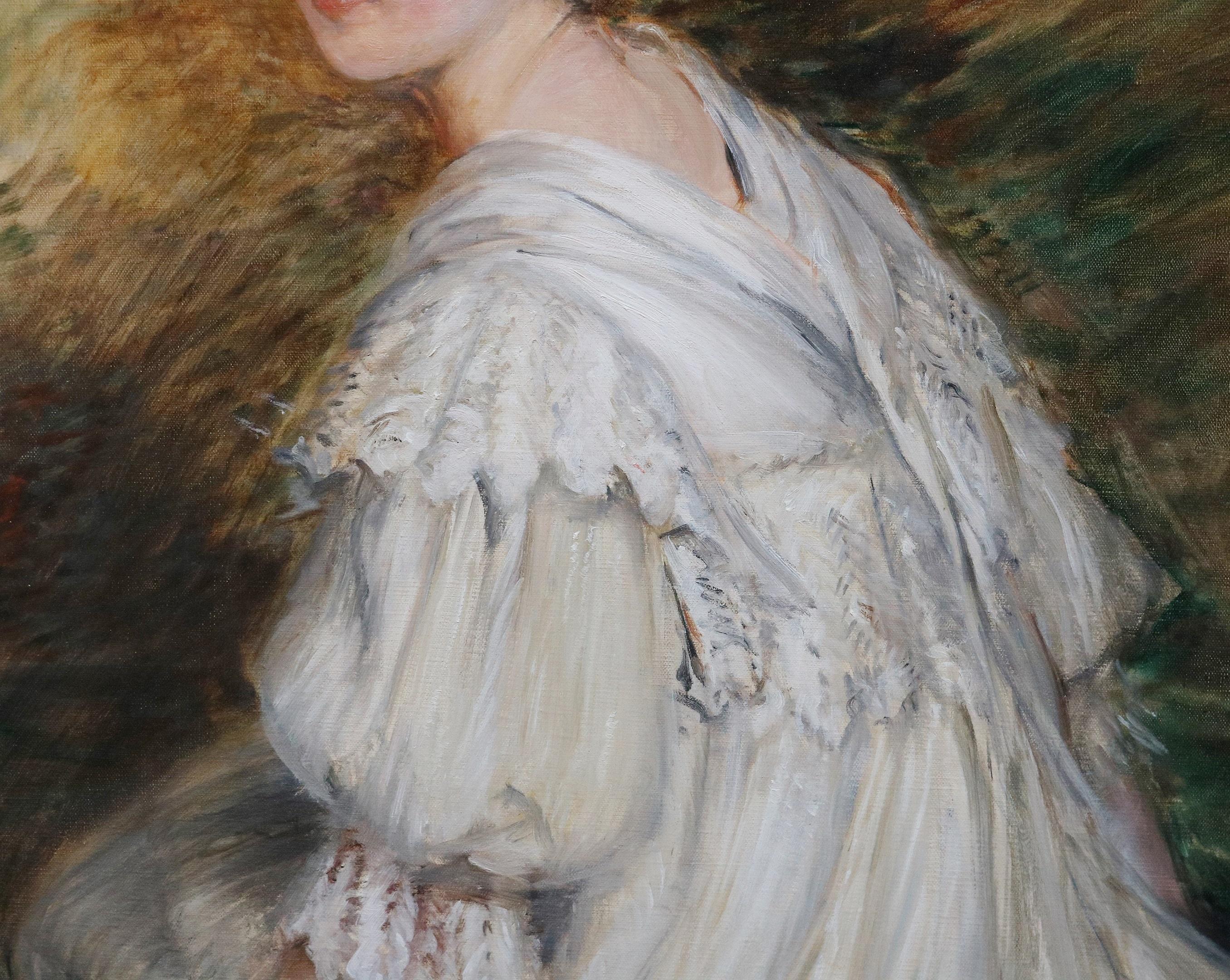 Jeune Fille en Blanc - Ritratto di pittura ad olio impressionista francese del XIX secolo in vendita 1