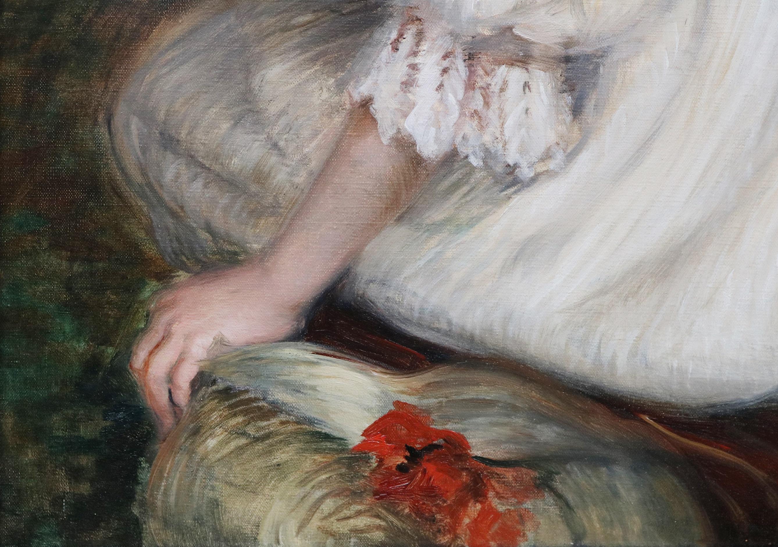 Jeune Fille en Blanc - Ritratto di pittura ad olio impressionista francese del XIX secolo in vendita 3