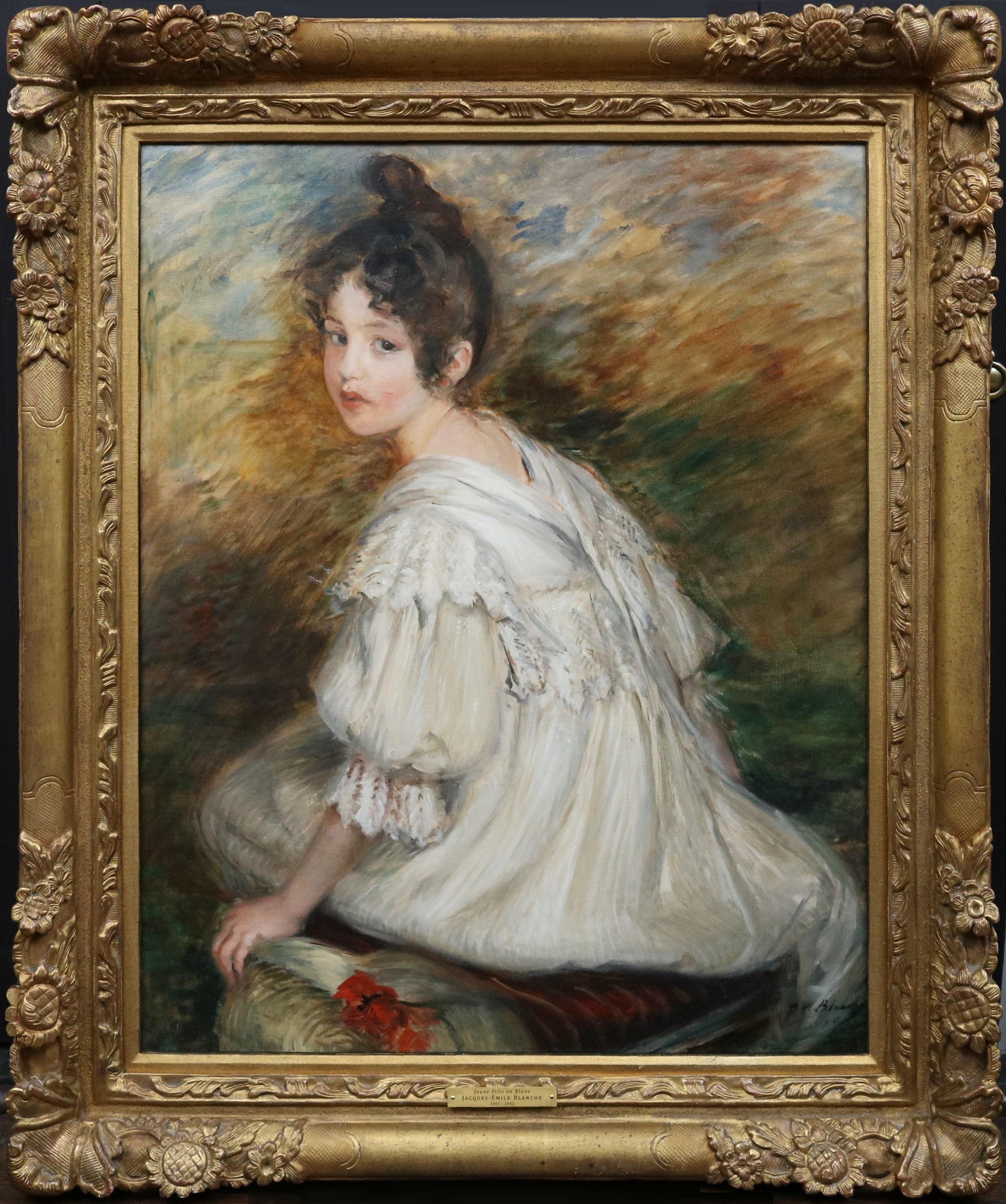 Jeune Fille en Blanc - Peinture à l'huile du 19e siècle Portrait d'une jeune beauté parisienne  - Painting de Jacques Emile Blanche