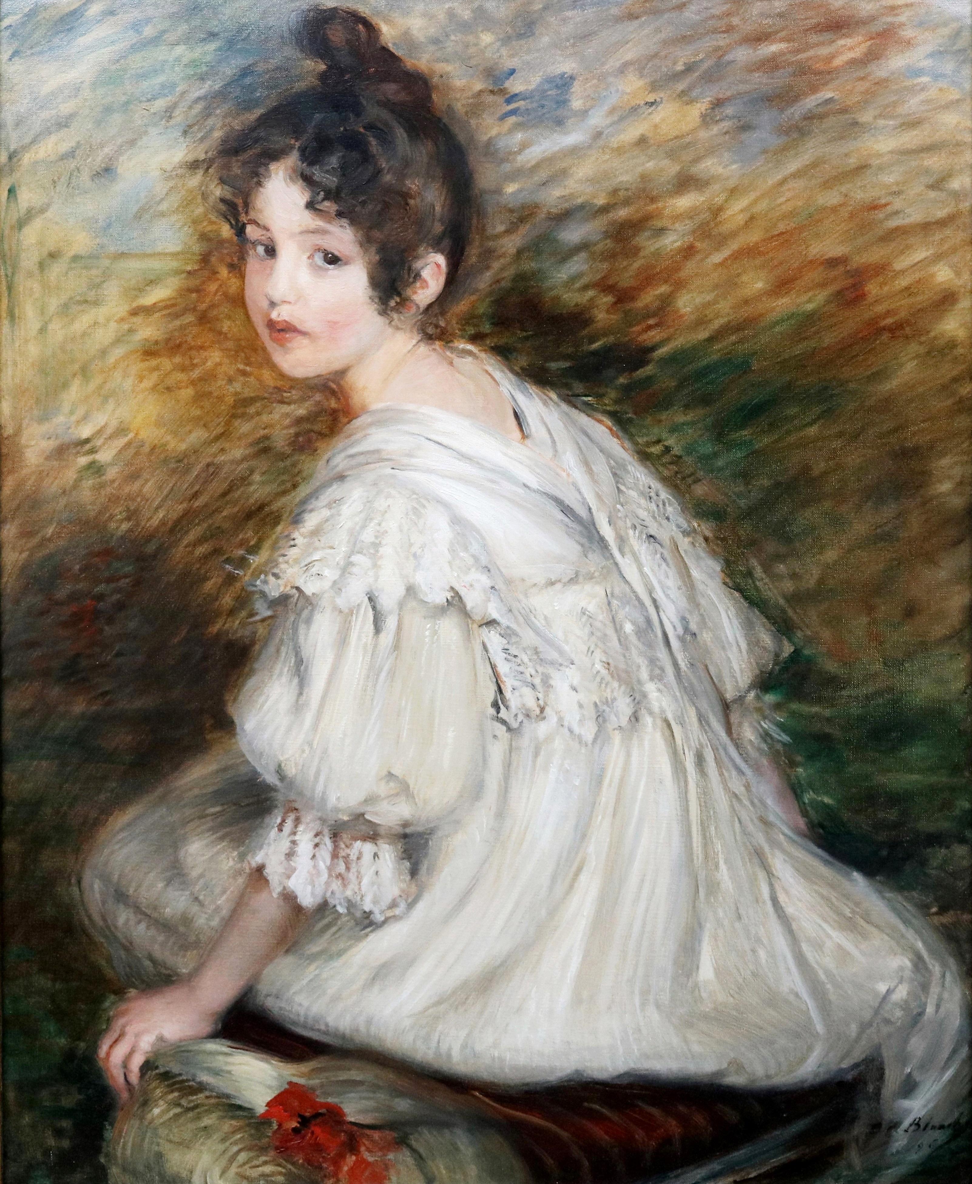 Jeune Fille en Blanc - Ölgemälde des 19. Jahrhunderts, Porträt einer jungen Pariser Schönheit  (Impressionismus), Painting, von Jacques Emile Blanche