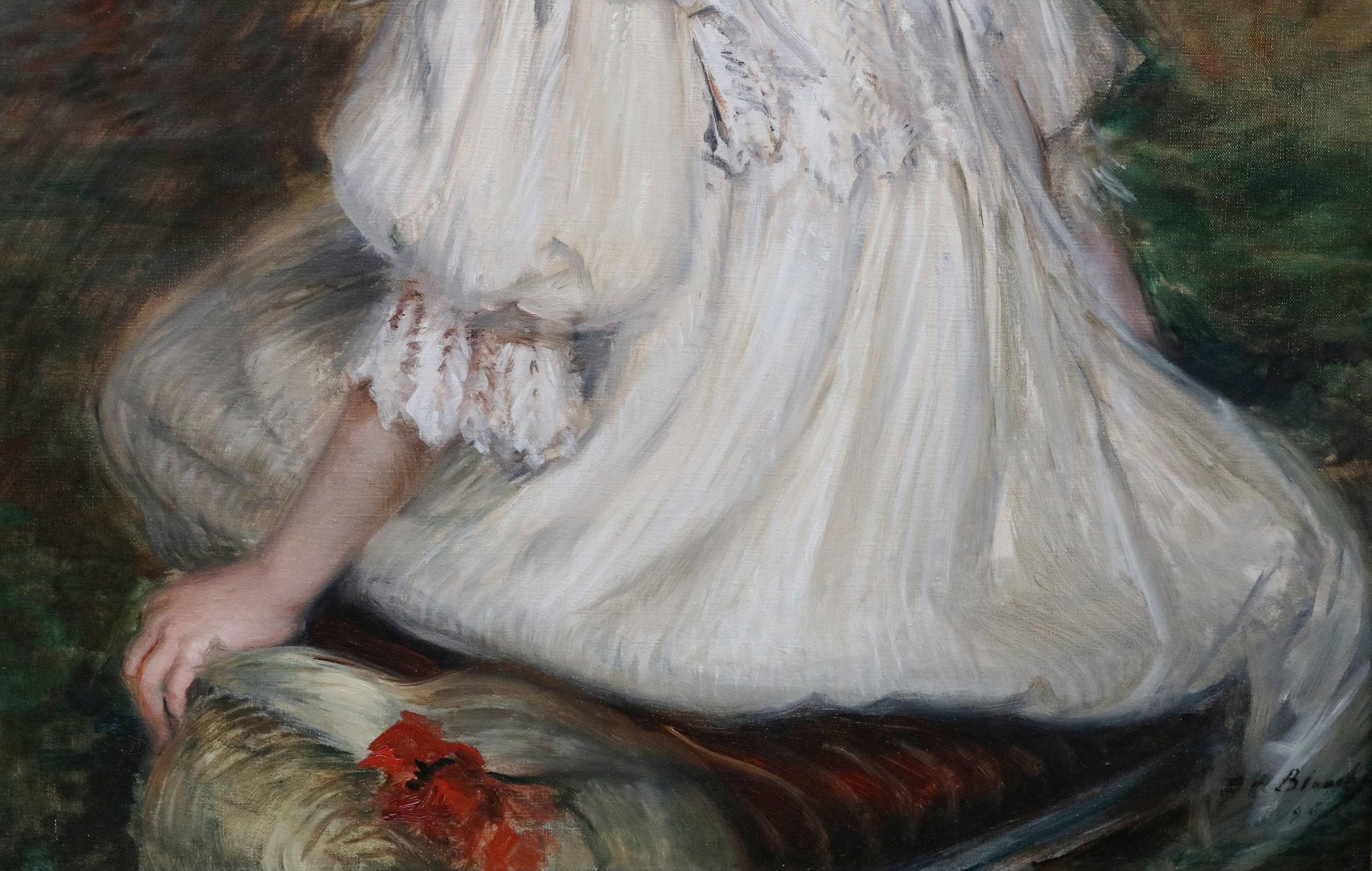Jeune Fille en Blanc - Peinture à l'huile du 19e siècle Portrait d'une jeune beauté parisienne  en vente 3