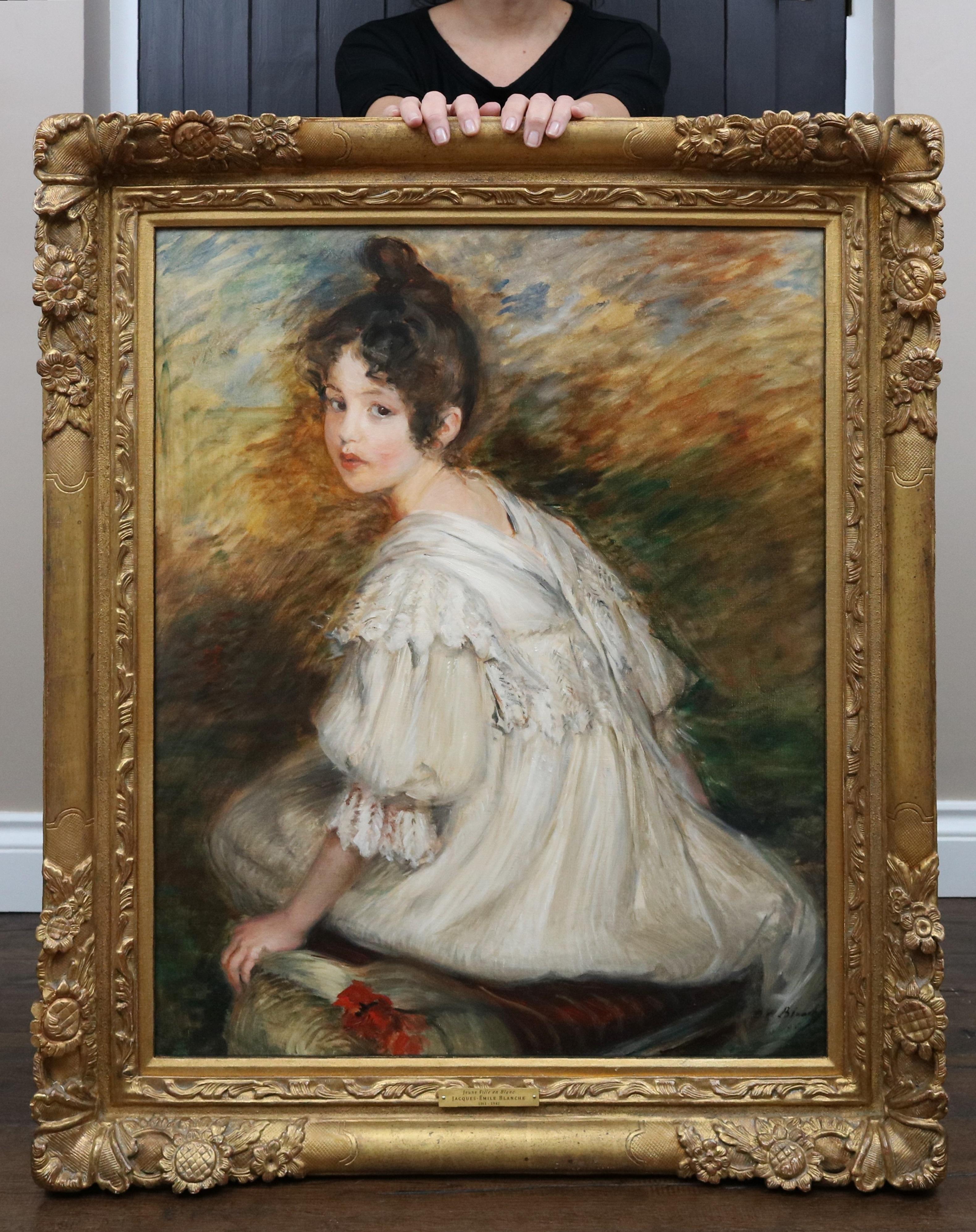 Jeune Fille en Blanc - Peinture à l'huile du 19e siècle Portrait d'une jeune beauté parisienne 