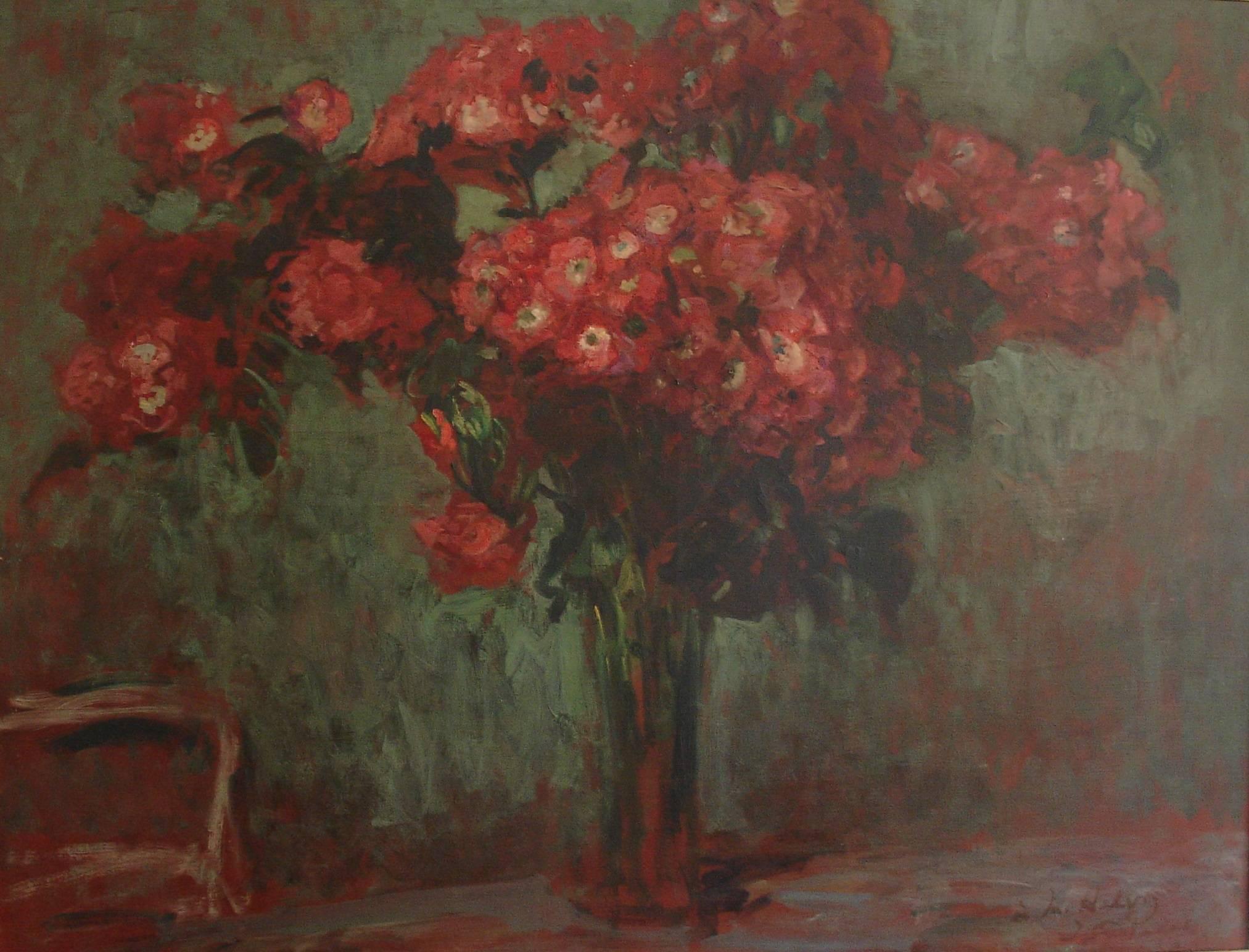 Large Bouquet of Red Flowers - Gray Interior Painting by Jacques Emile Blanche