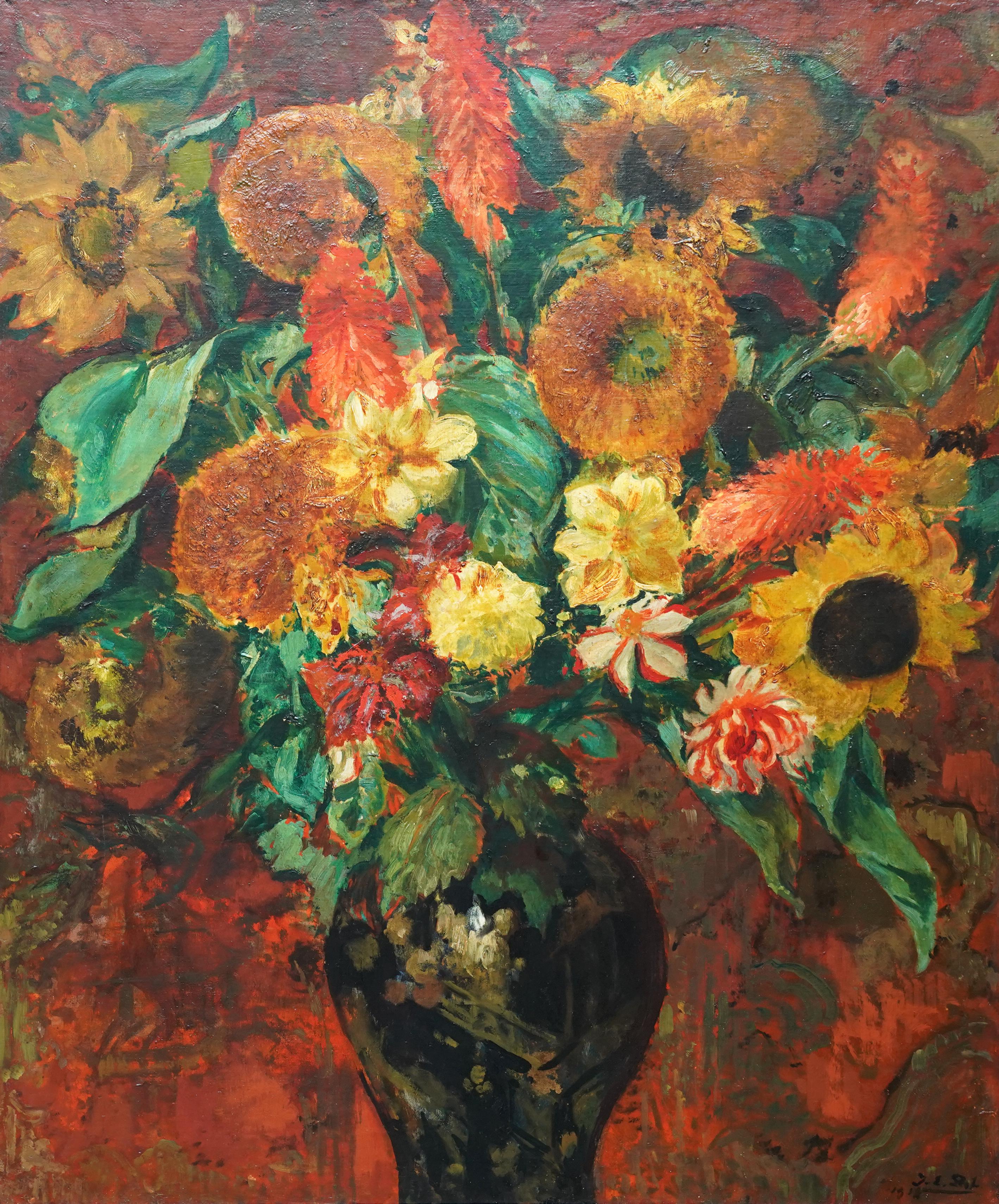 Sunflower Floral Arrangement - French 1930's Art Deco flower oil painting  For Sale 5