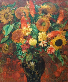 Sunflower Floral Arrangement - French 1930's Art Deco flower oil painting