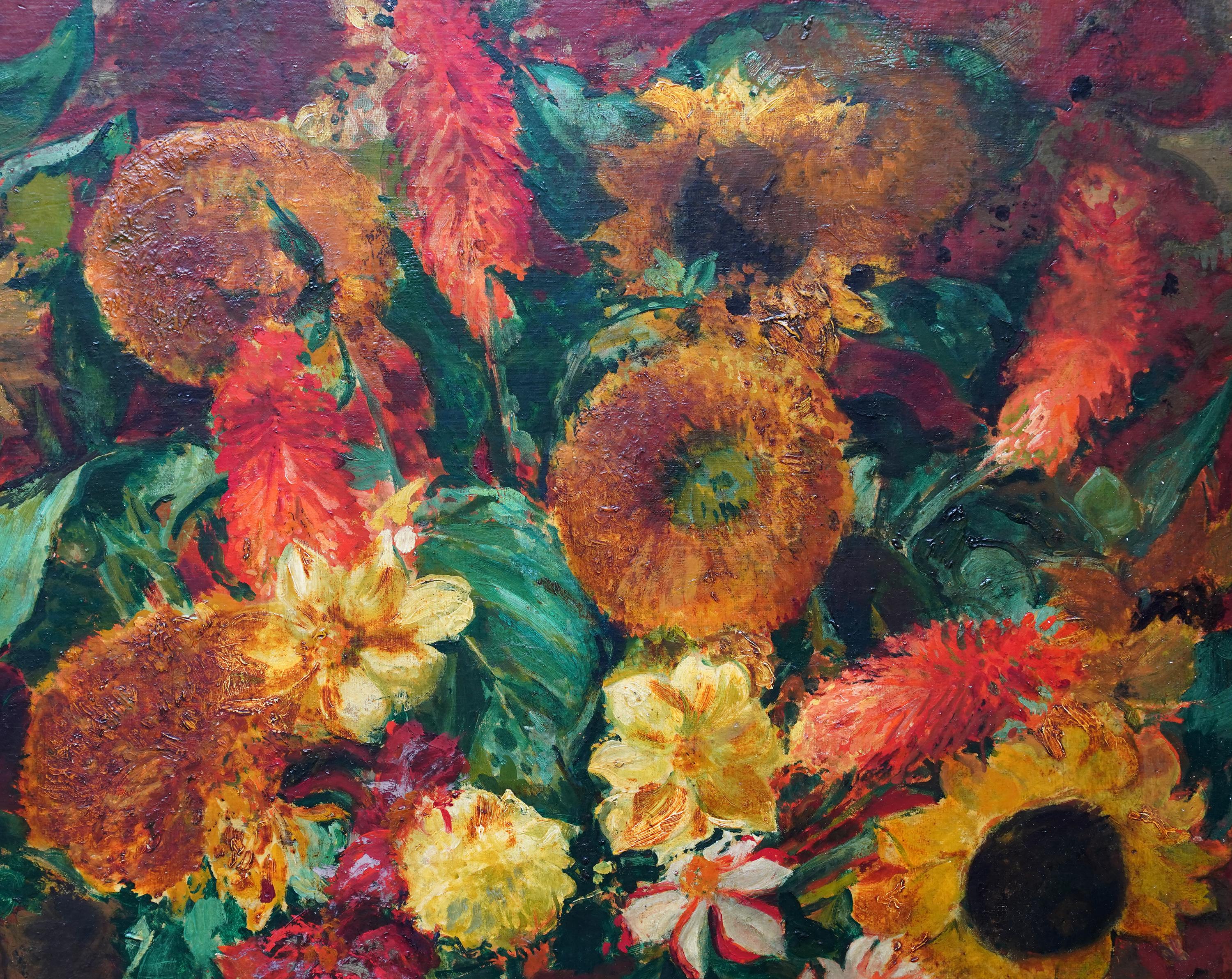 This vibrant French Art Deco floral oil painting is by noted French artist Jacques Emile Blanche. Painted circa 1930, the palette is of wonderful tones of yellow and orange with splashes of green and typical Blanche heavy impasto.  The composition
