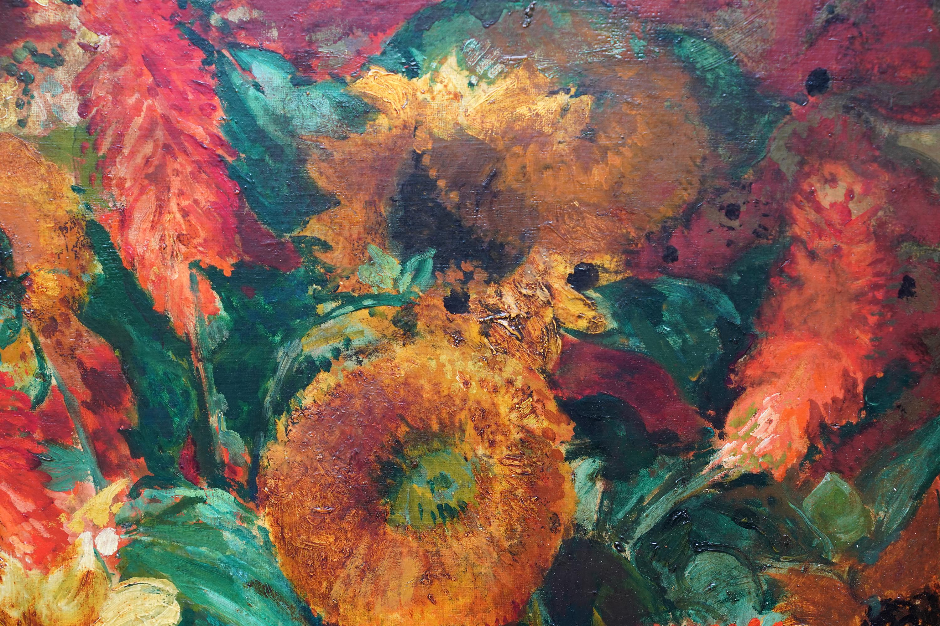 Sunflower Floral Arrangement - French 1930's Art Deco flower oil painting  For Sale 1