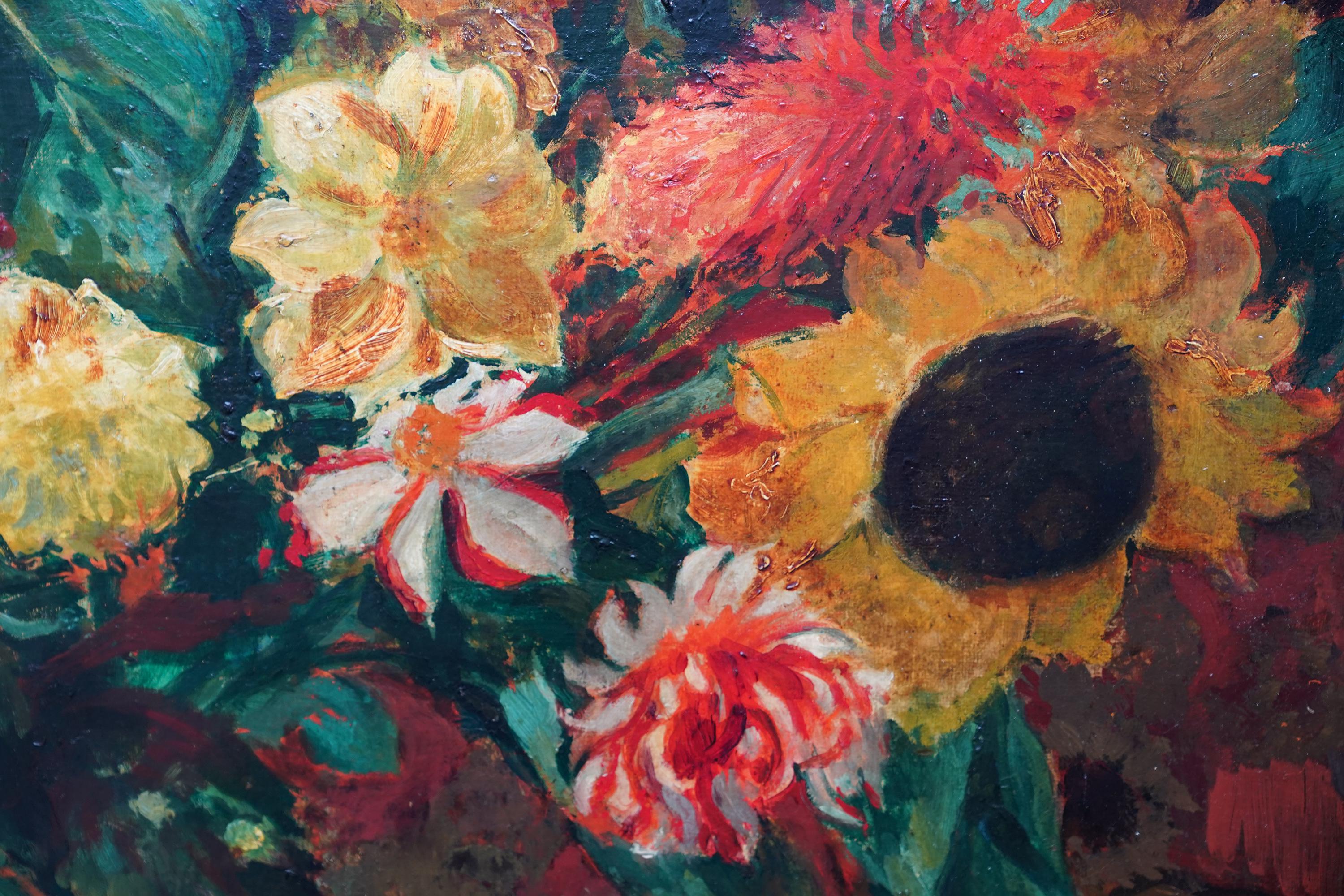 Sunflower Floral Arrangement - French 1930's Art Deco flower oil painting  For Sale 2