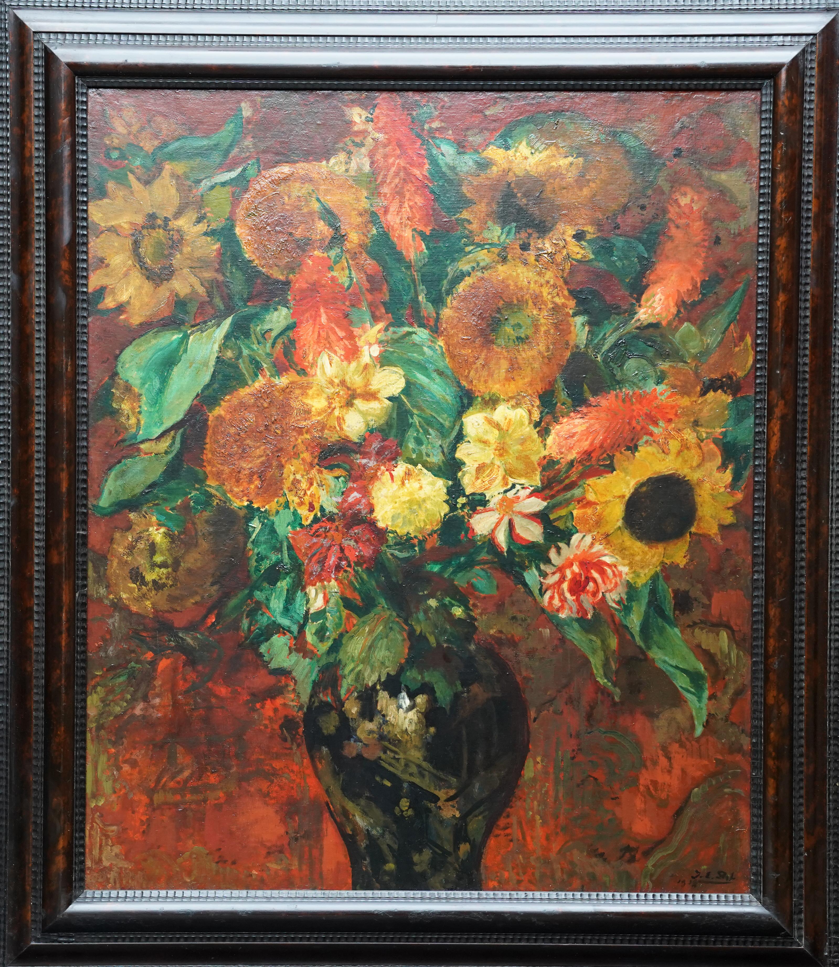 Arreglo floral con girasoles - Pintura al óleo francesa Art Déco de flores de 1930 