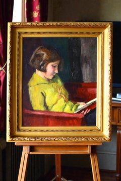 Portrait ancien d'une jeune fille lisant, peinture à l'huile de Jacques Emile Blot
