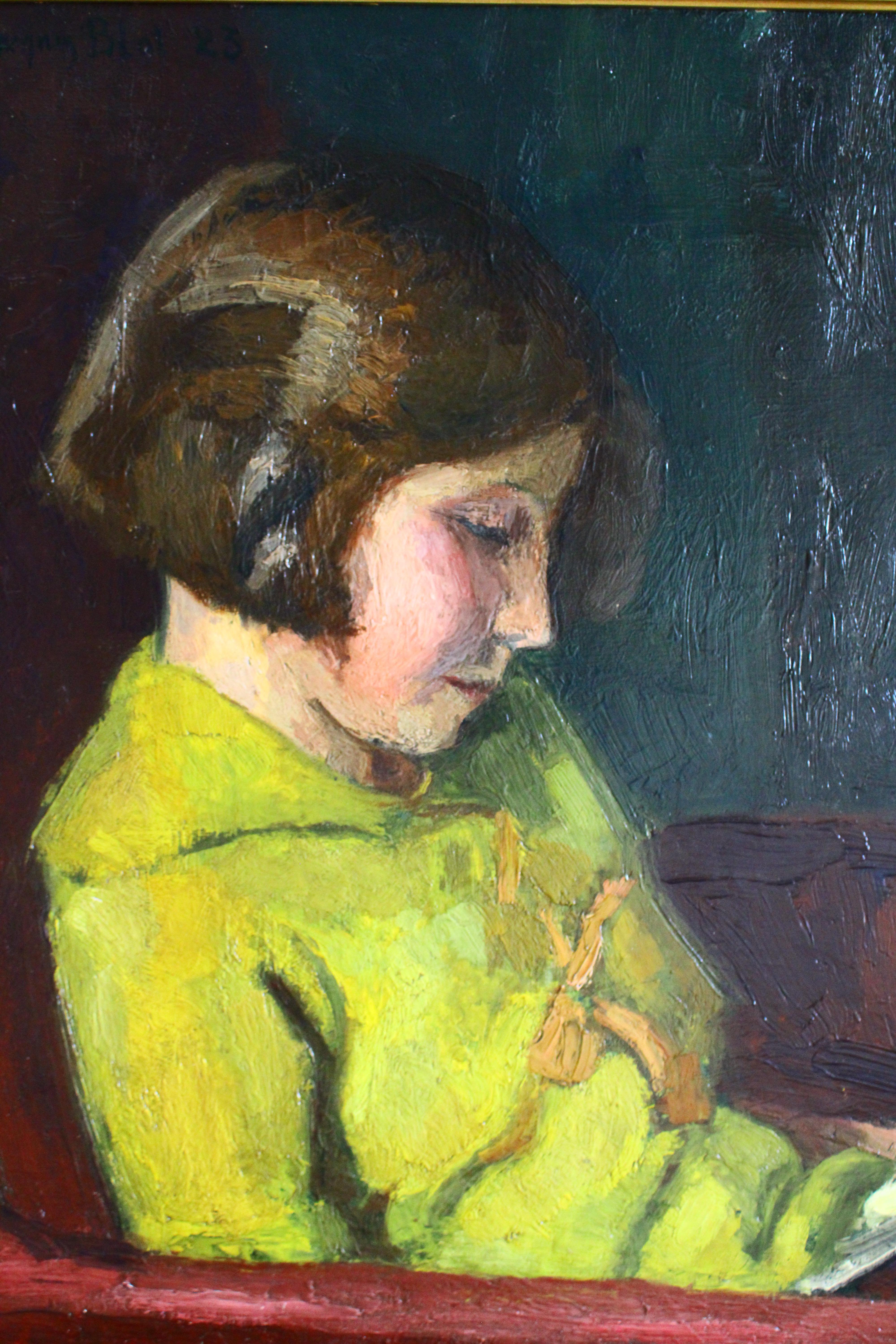 Portrait ancien d'une jeune fille lisant, peinture à l'huile de Jacques Emile Blot en vente 2