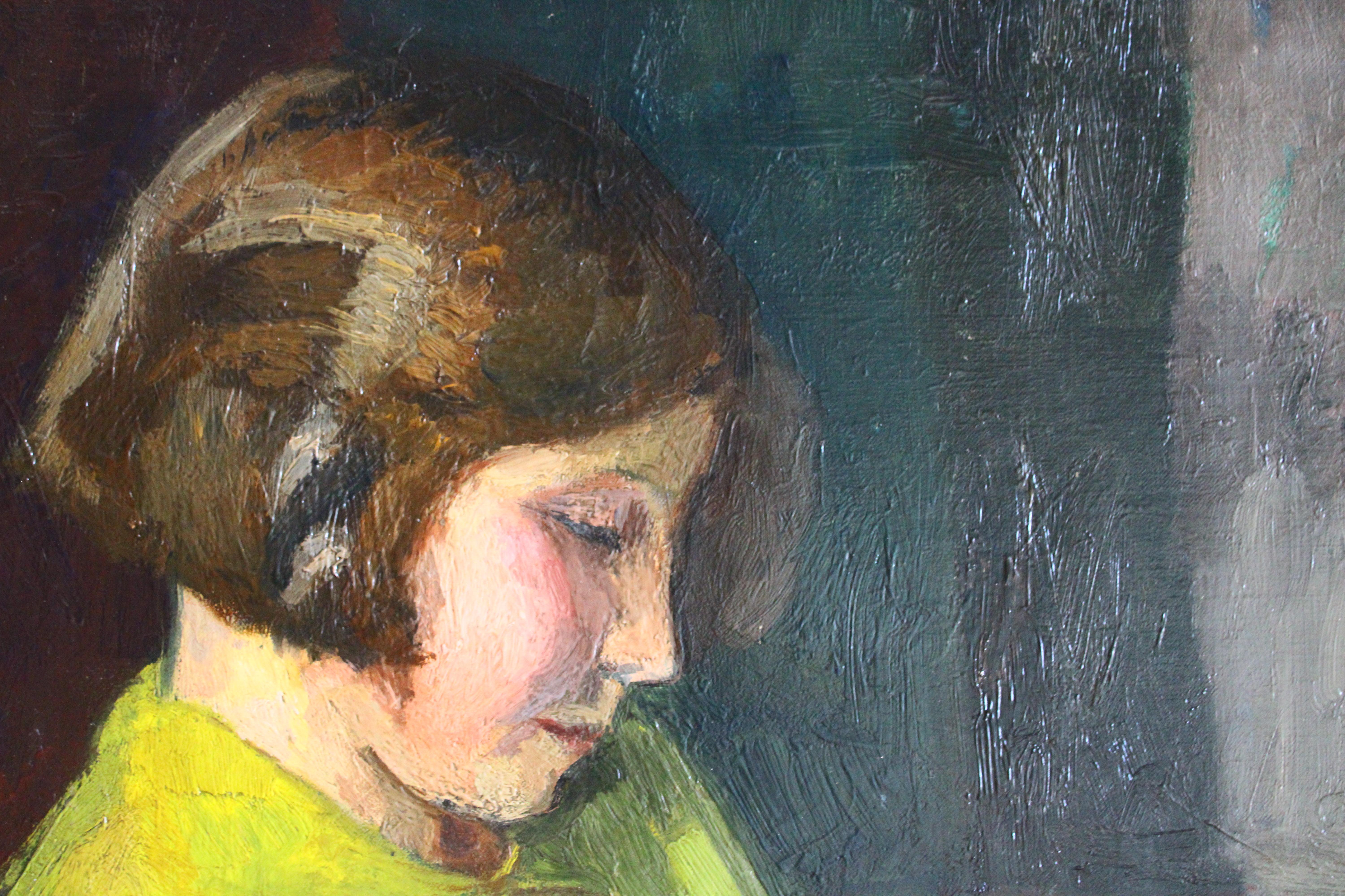 Portrait ancien d'une jeune fille lisant, peinture à l'huile de Jacques Emile Blot en vente 5