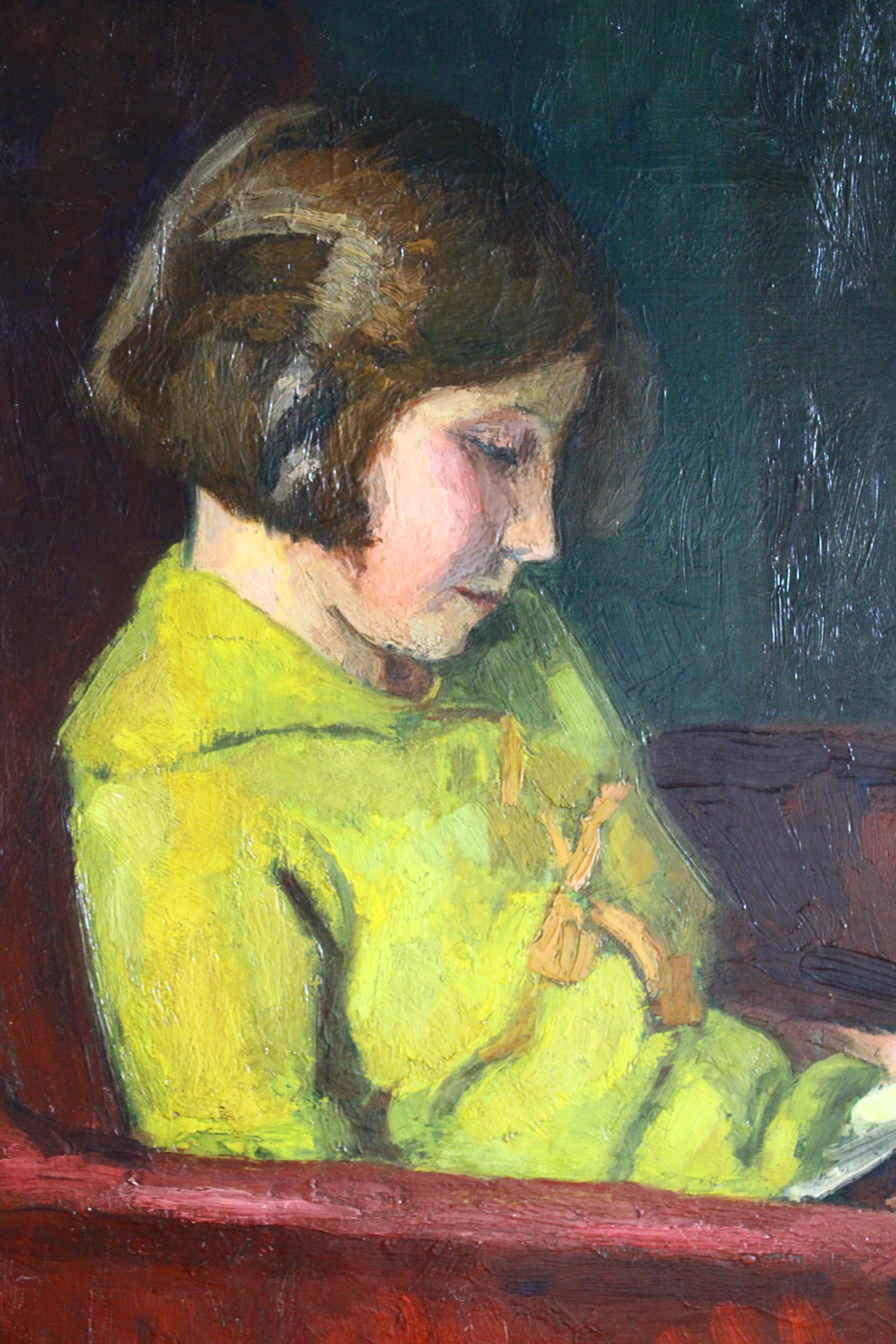 Portrait ancien d'une jeune fille lisant, peinture à l'huile de Jacques Emile Blot en vente 8