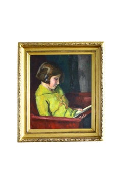 Antiguo Retrato de niña leyendo, óleo de Jacques Emile Blot