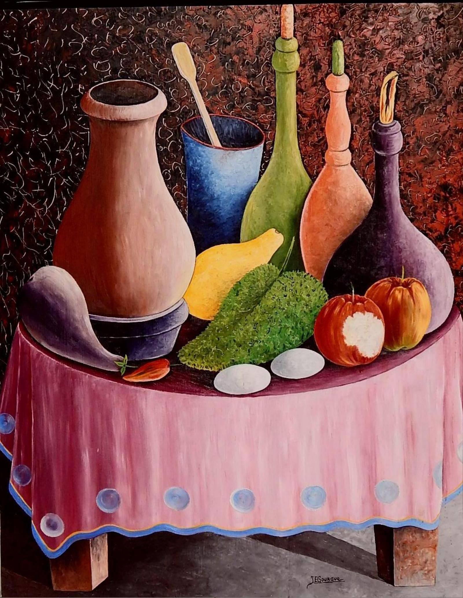 Jacques Gourgue Pittore haitiano Olio su tavola, Natura morta surreale - Painting di Jacques Enguerrand Gourgue