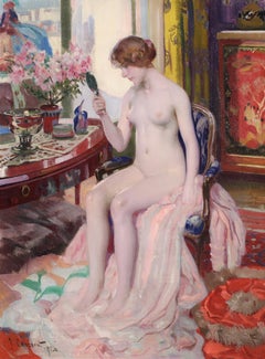 Reflections - Belle Epoque Nude in Interior Oil by Jacques Etienne Cancaret