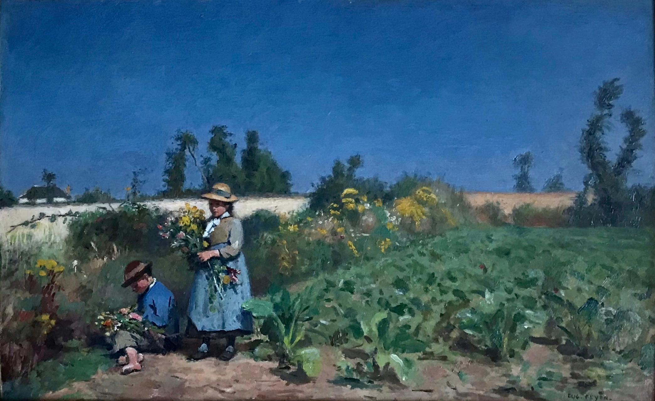 Jacques Eugène Feyen (1815-1908) “Enfants Cueillant Les Fleurs.”
Brilliant blue sky above French children in a field cutting flowers in gilt frame. Signed lower right, oil on board. 
Dimensions: Frame 31