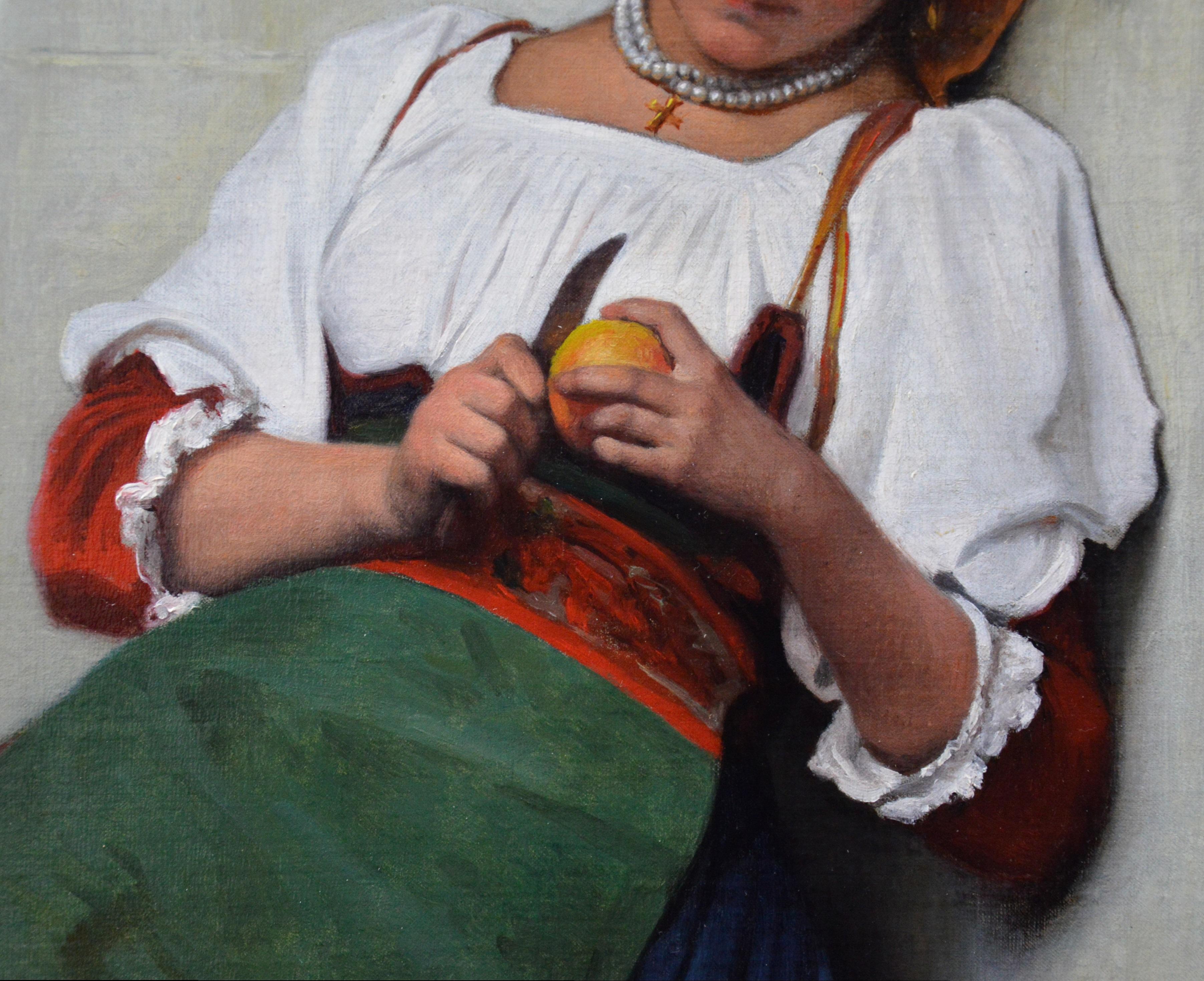 A large 19th century oil on canvas depicting a girl Italian girl sitting by a fountain peeling an apple by the eminent French academic painter Jacques-Eugène Feyen (1815-1908). ‘La Fille à la Fontaine’ is signed by the artist and presented in a good
