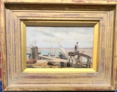Oil Sketch of a French boat yard, with men in a wood saw pit in harbor landscape