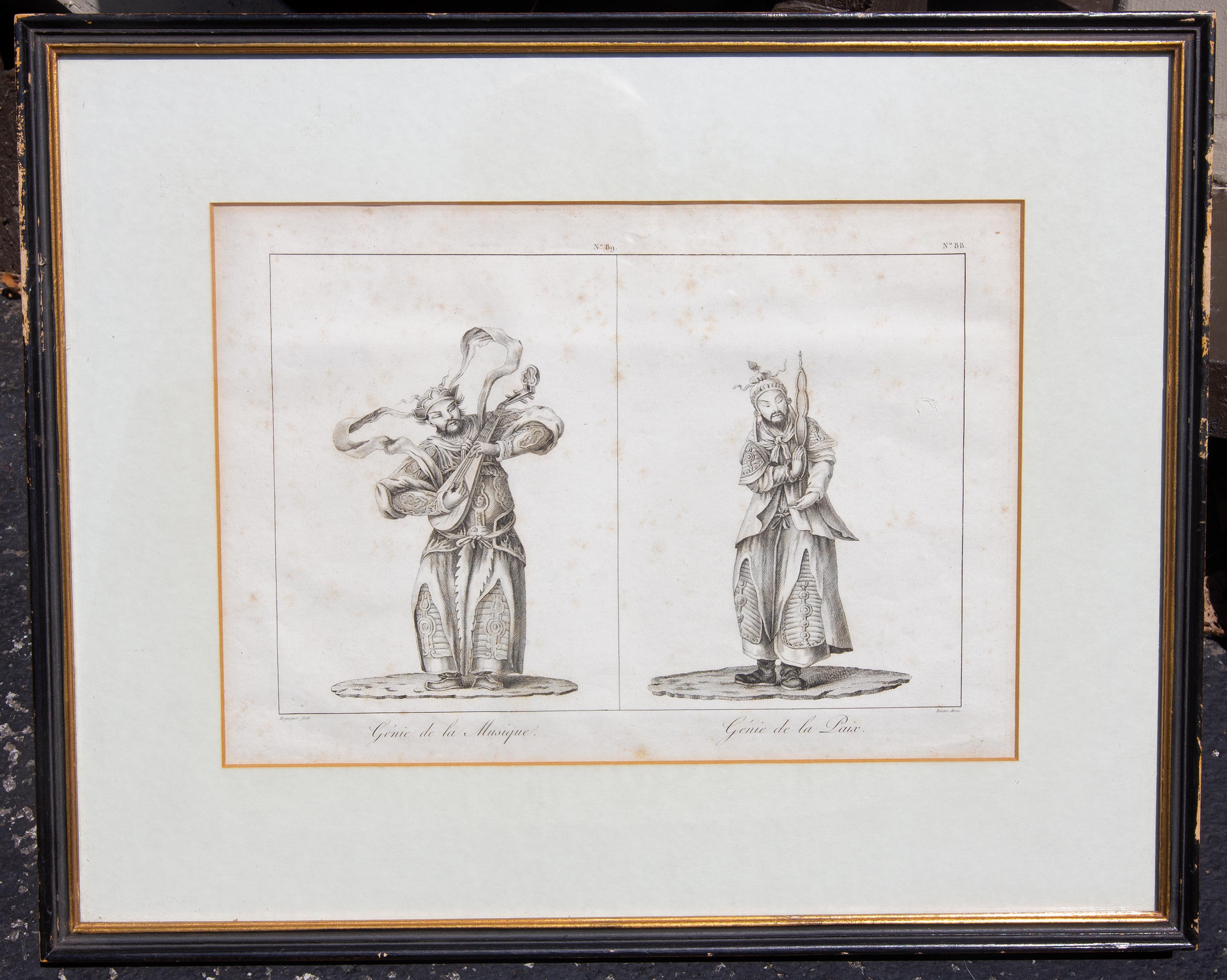 French Orientalist Engraving GENIUS OF MUSIC & GENIUS OF PEACE 1808 DE GUIGNES - Print by  Jacques Eustache Deseve