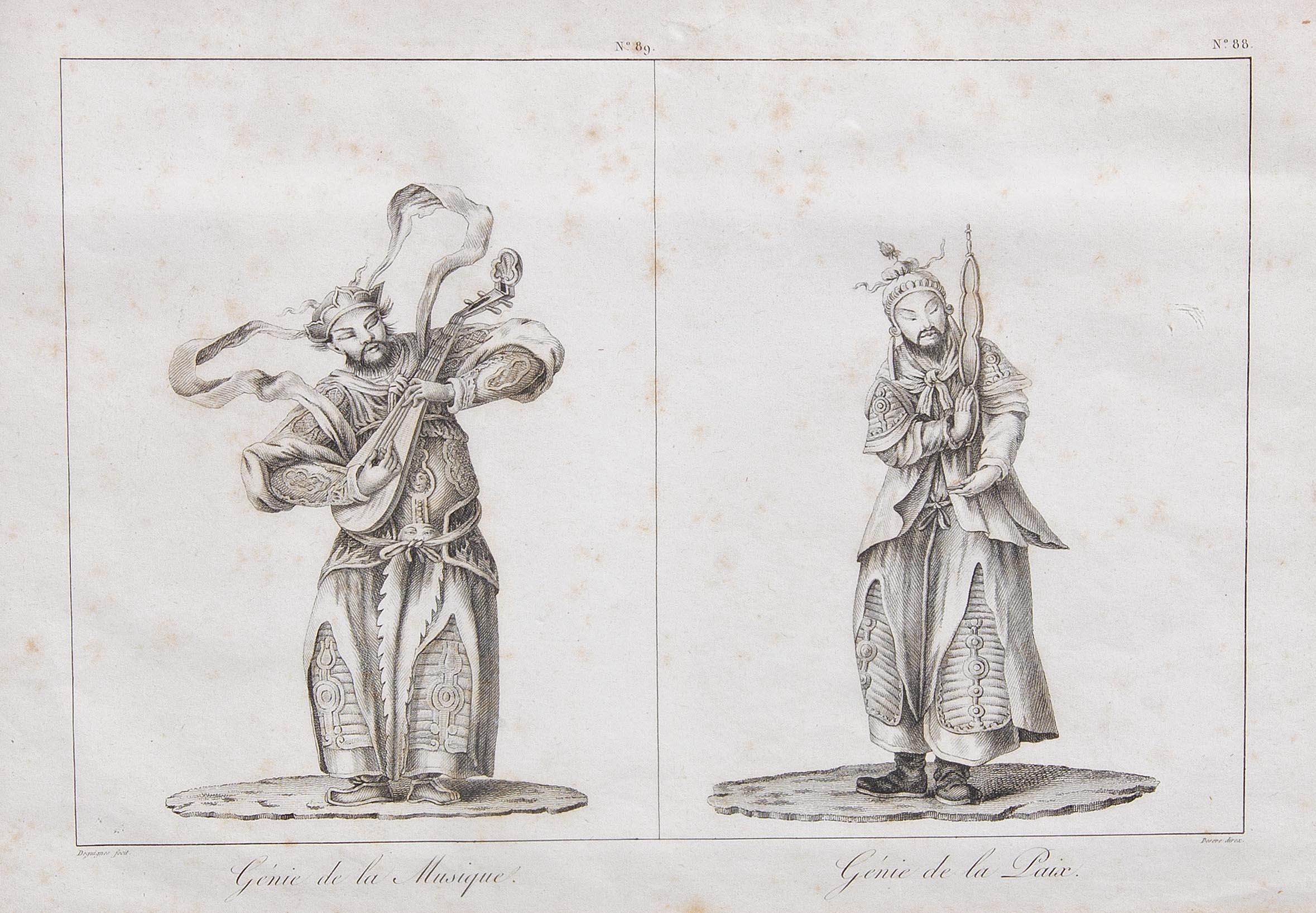 Antique engraved plate showing the genius of Fire and the genius of Peace, drawn by Chrétien Louis de Guignes (1759-1845), copper engraved by Jacques Eustache Deseve or De Seve (1790-1830), a famous French illustrator. Framed.