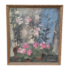 Vintage oil on canvas, pink autumn flowers, Jacques Falcou, France